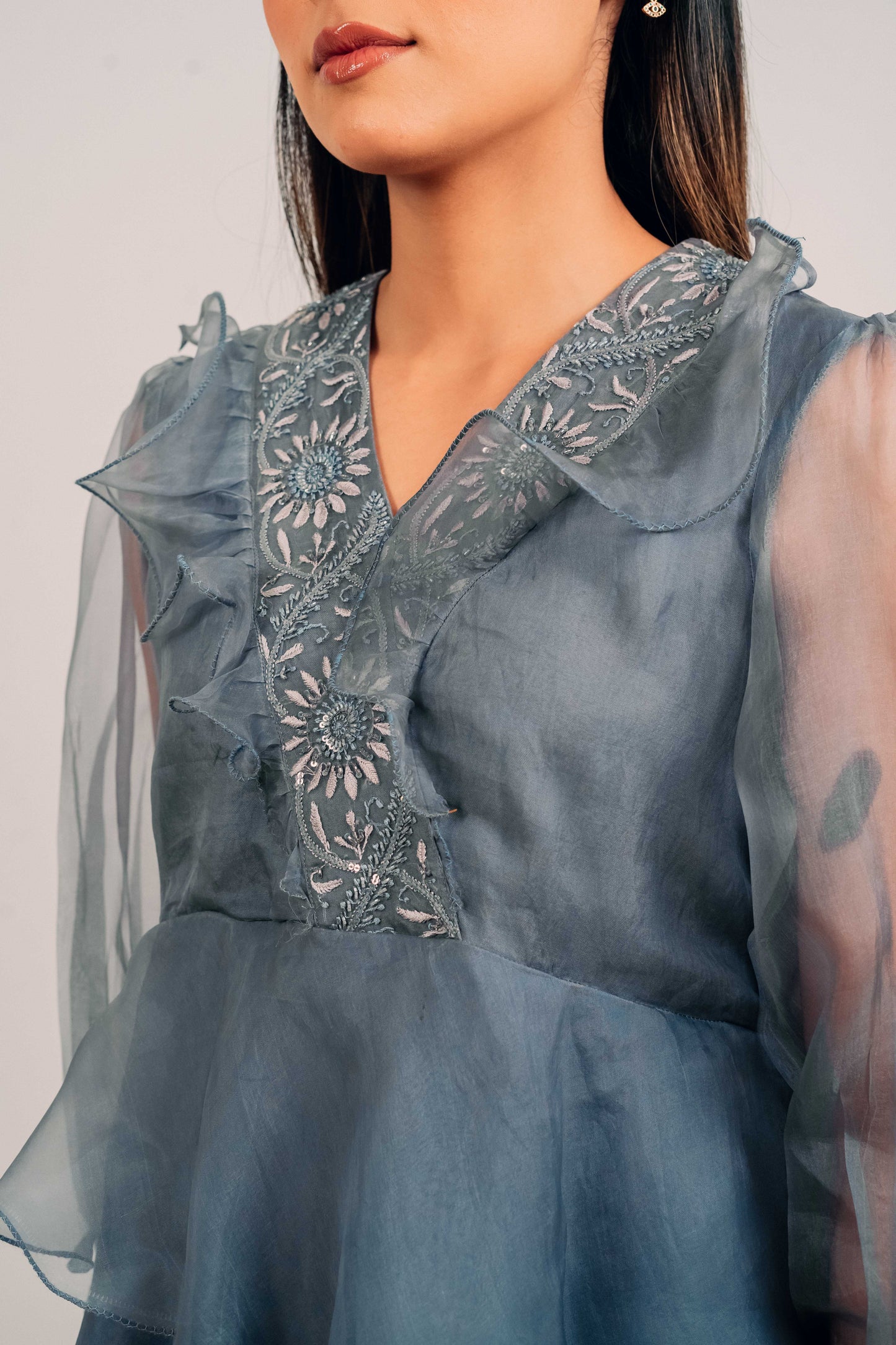 Slate Grey Organza Chikankari Peplum Top