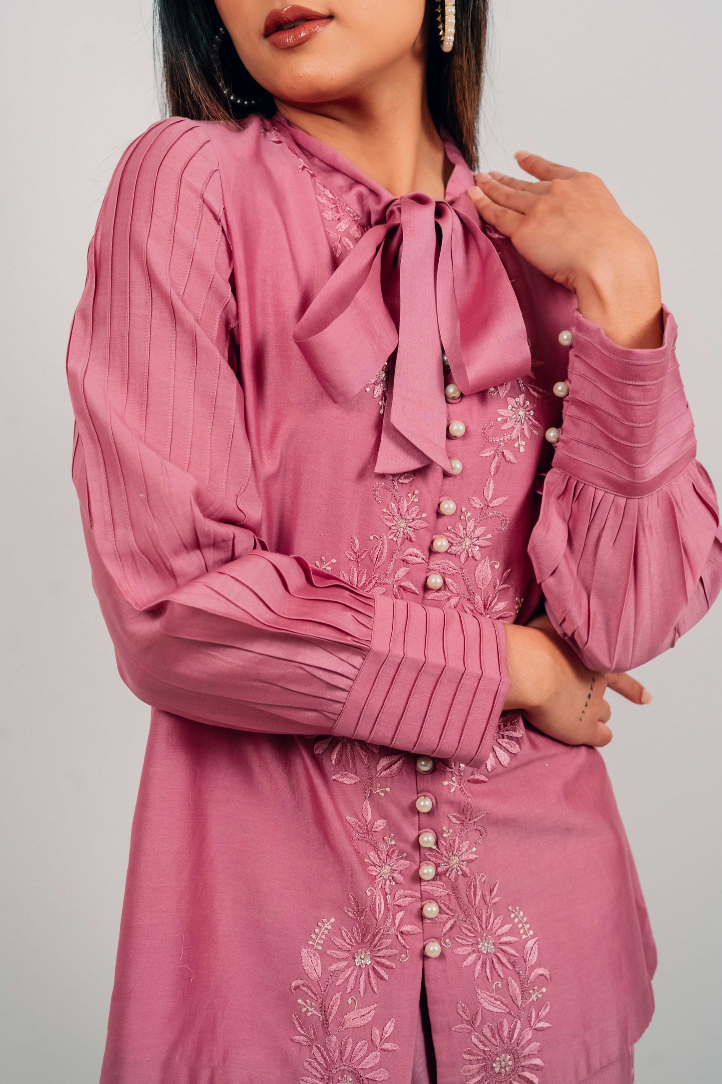 Purple Mauve Chanderi Silk Pearl Button Shirt