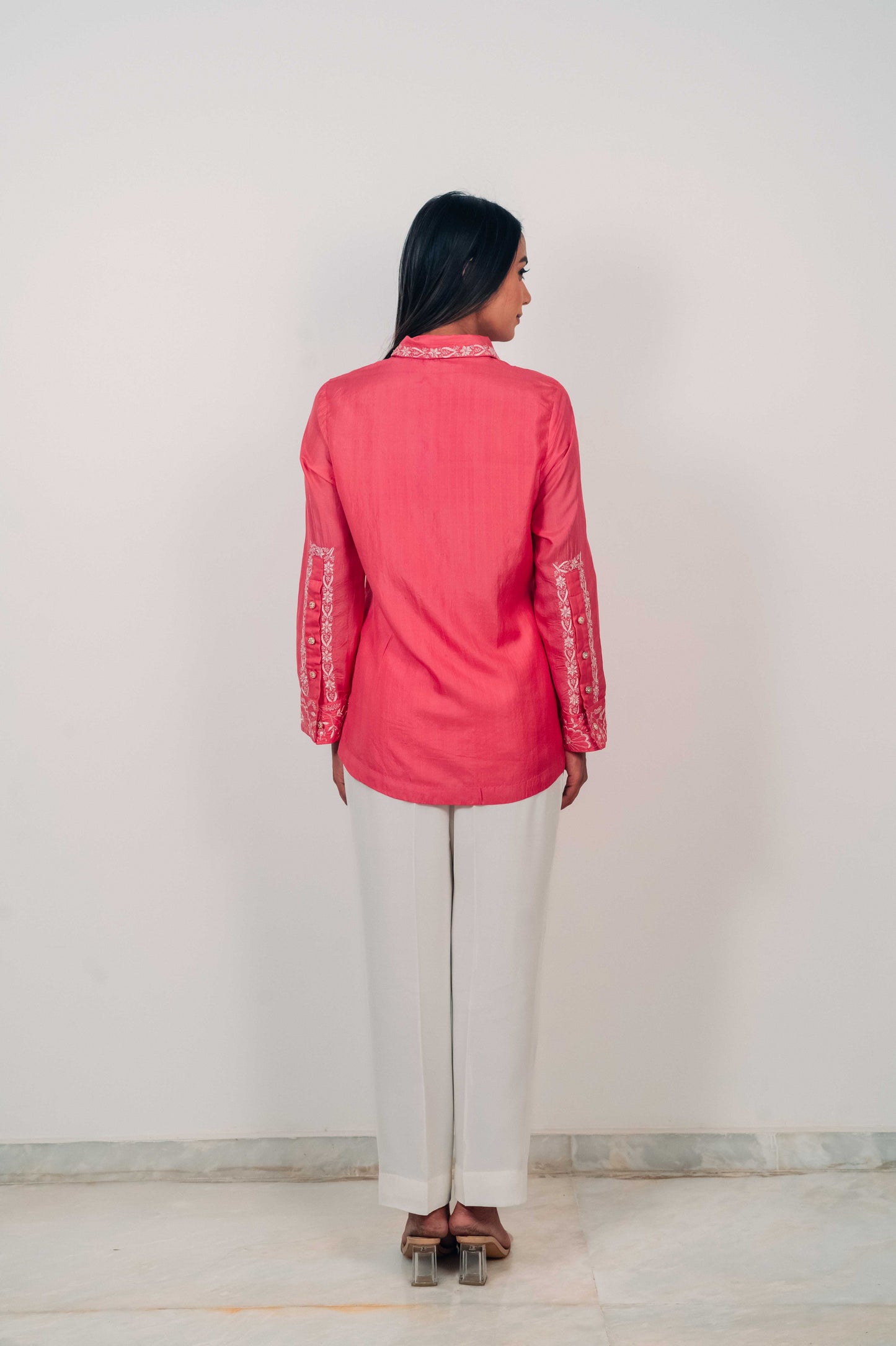 Fuchsia Pink Pure Silk Highlighted Chikankari Shirt