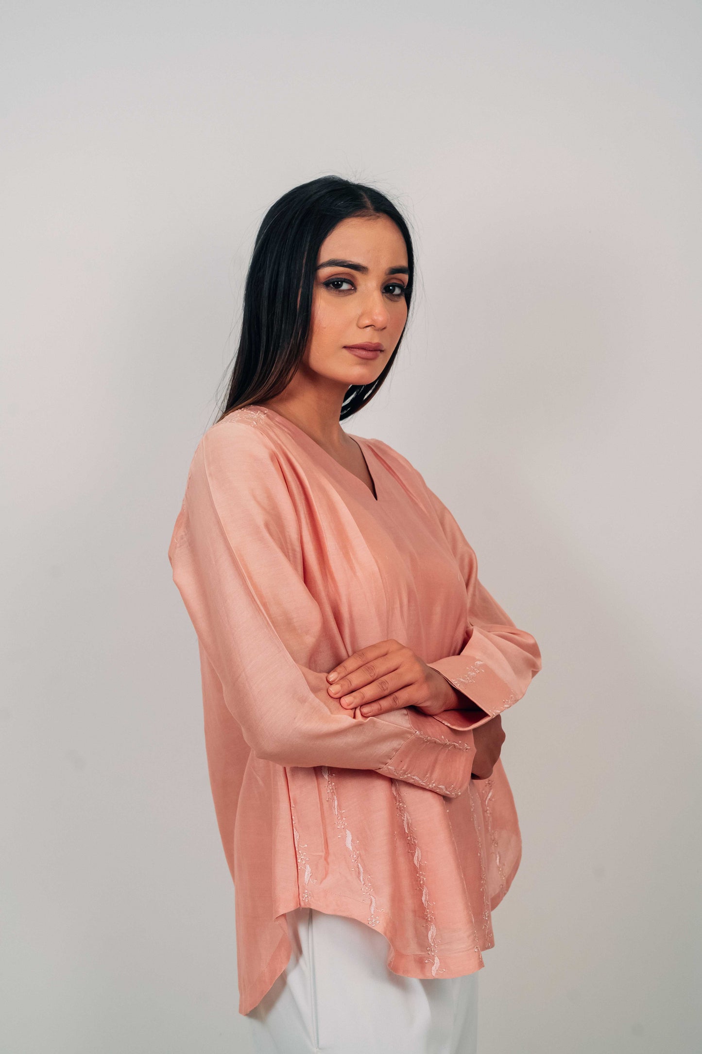 Peach Chanderi Silk U-Shaped Hem Top