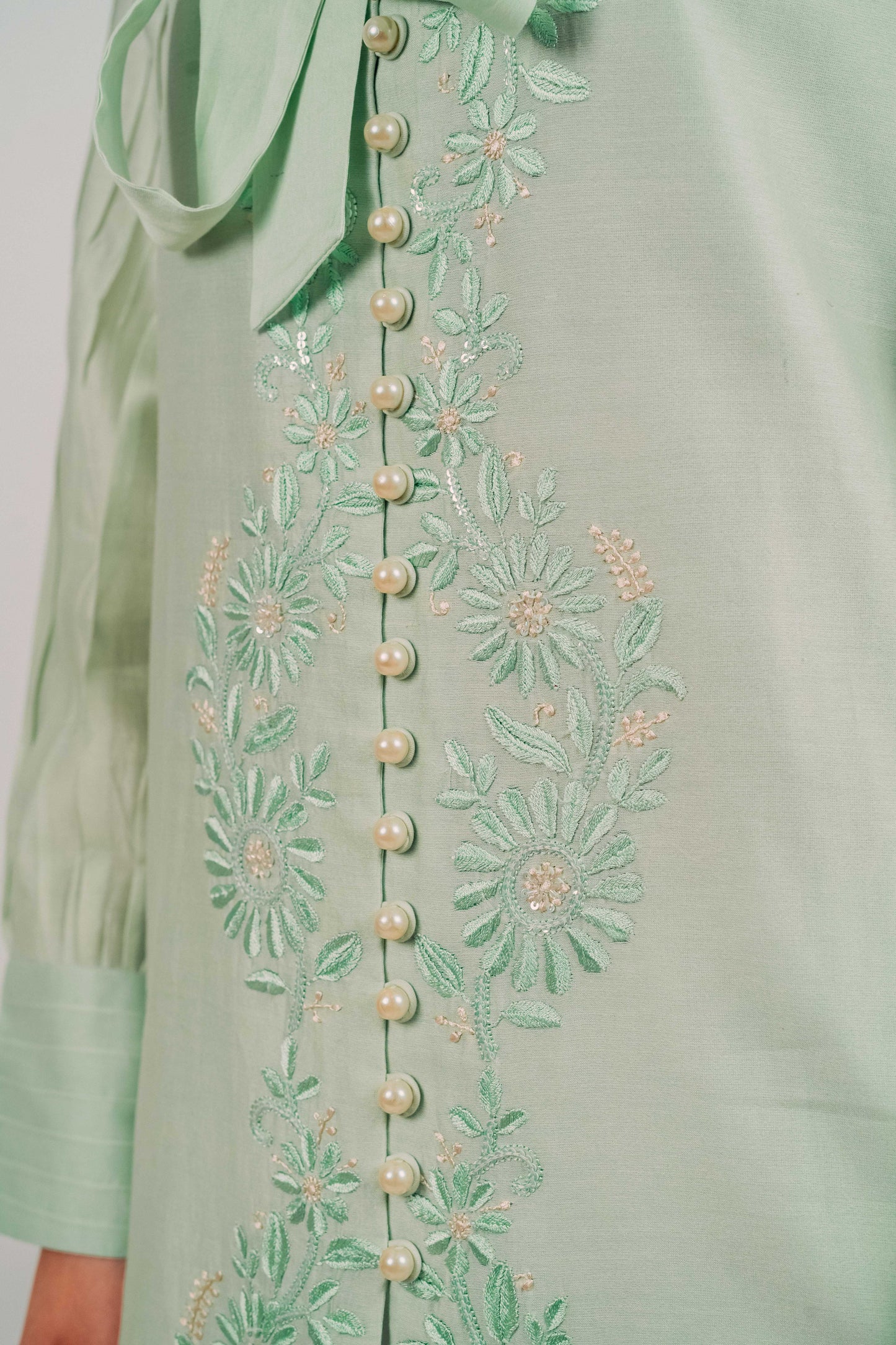 Pistachio Green Chanderi Silk Pearl Button Shirt