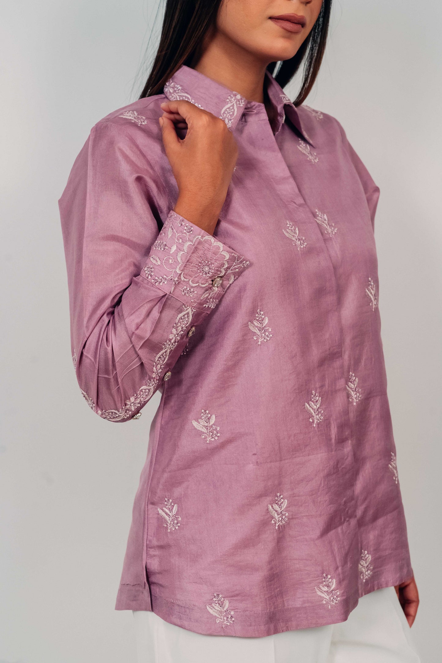 Lilac Pure Silk Highlighted Chikankari Shirt