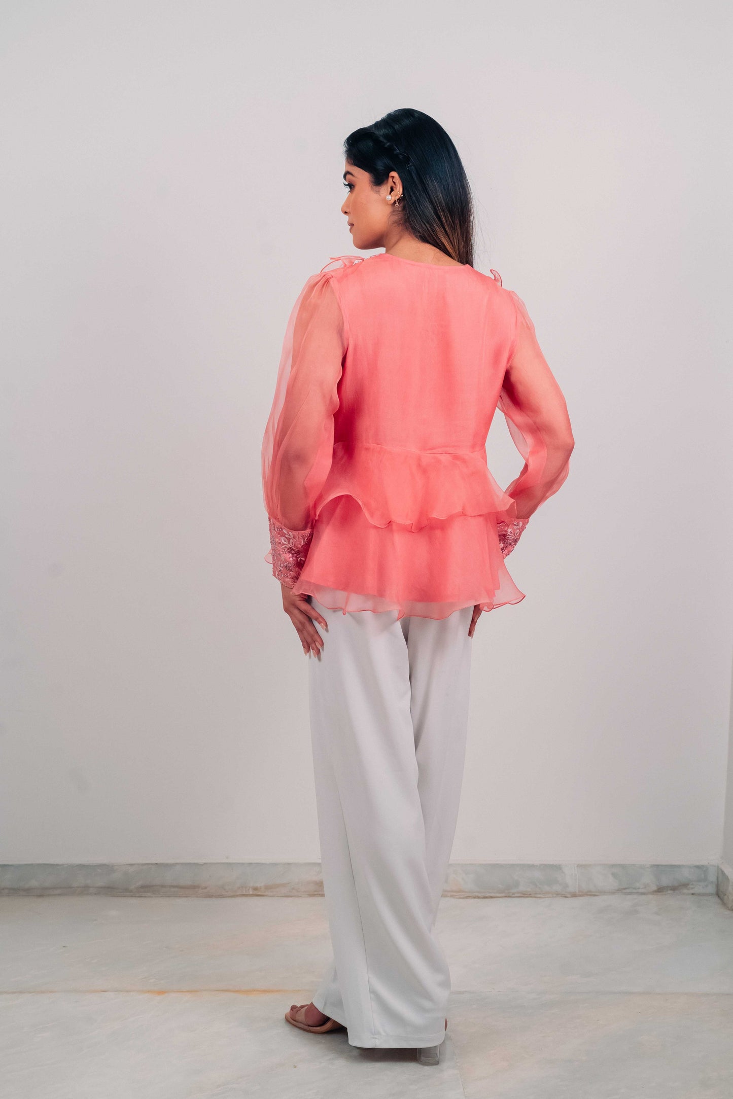 Onion Pink Organza Chikankari Peplum Top