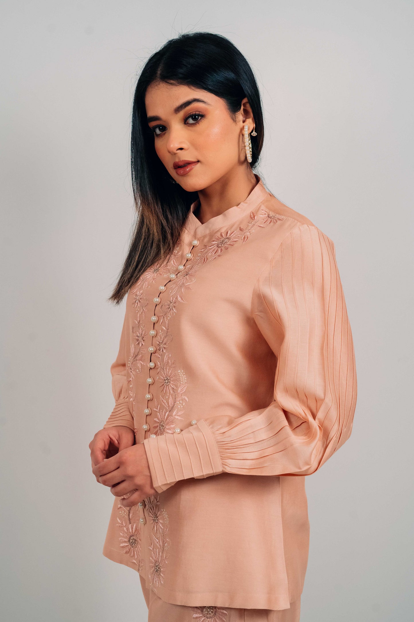 Peach Chanderi Silk Pearl Button Shirt