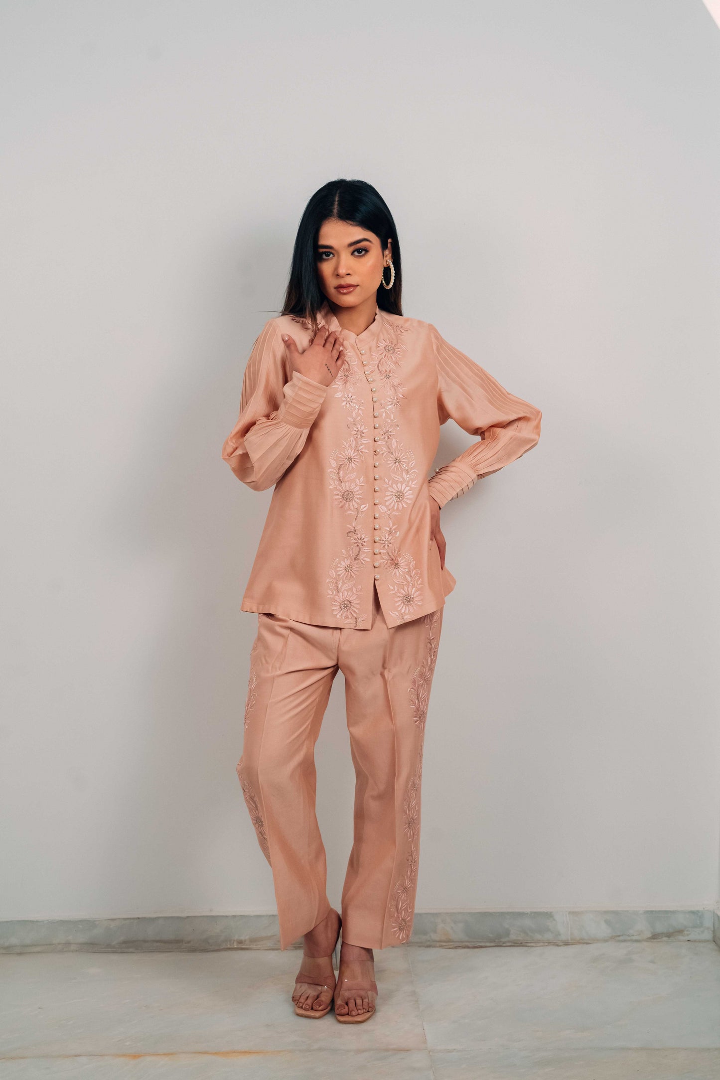 Peach Chanderi Silk Pearl Button Co-Ord Set