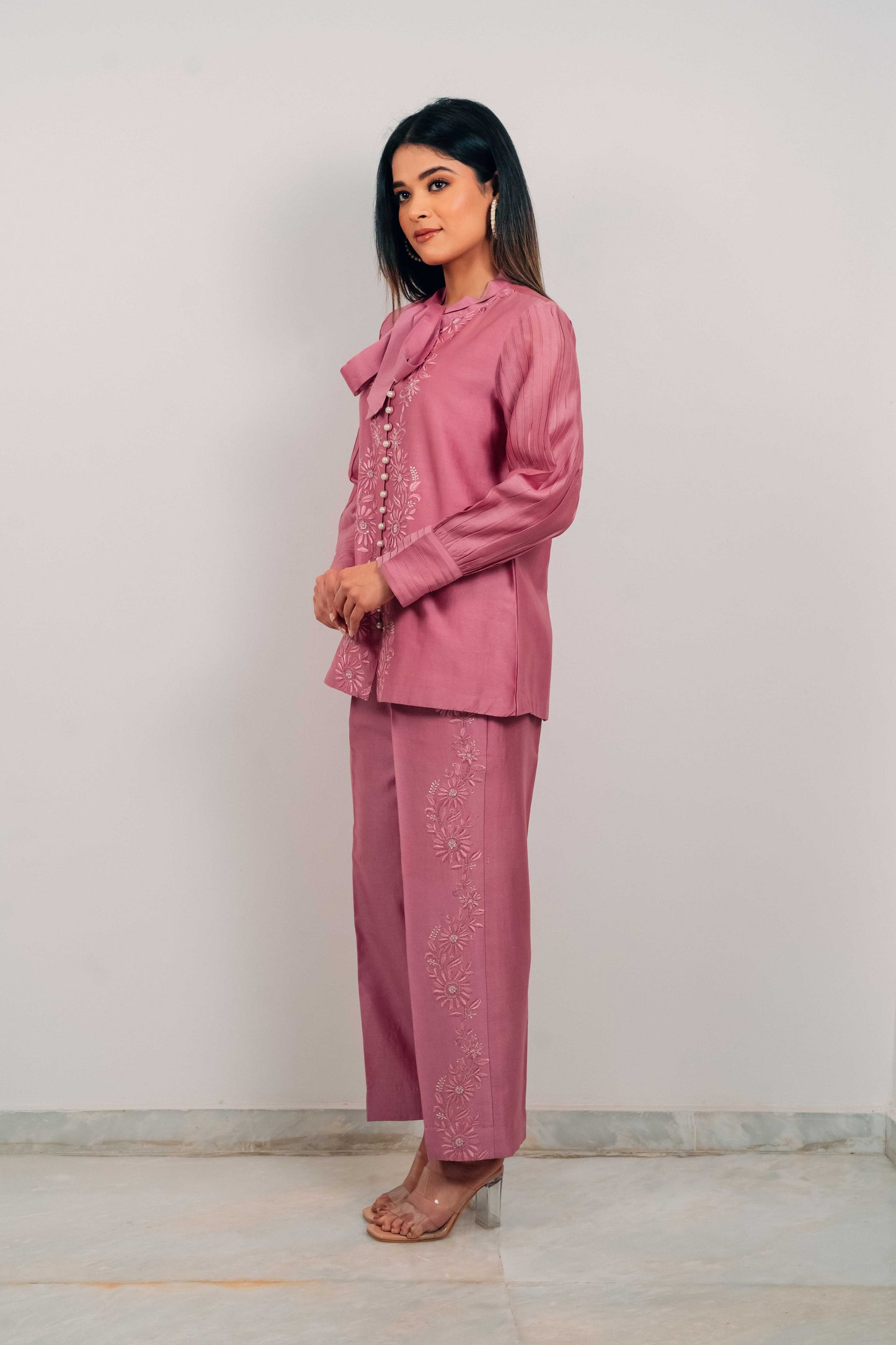 Purple Mauve Chanderi Silk Pearl Button Co-Ord Set