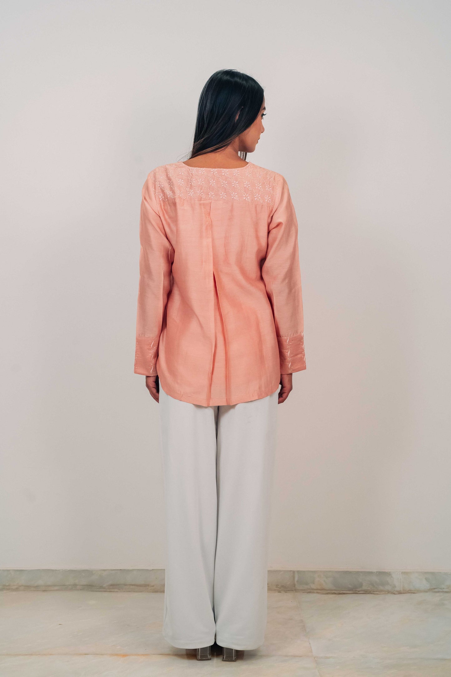 Peach Chanderi Silk U-Shaped Hem Top