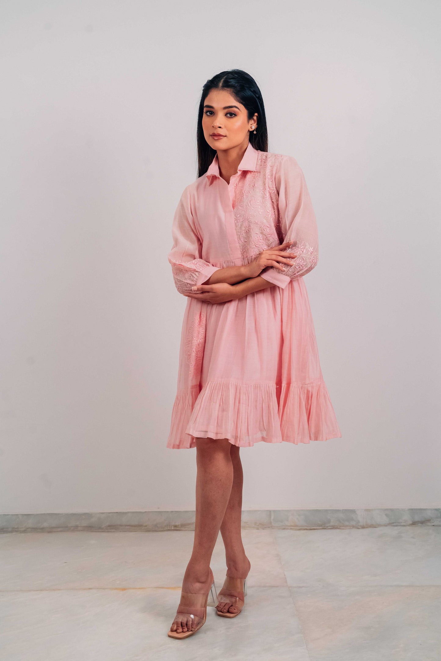 Baby Pink Mul Chanderi Short Tier Dress