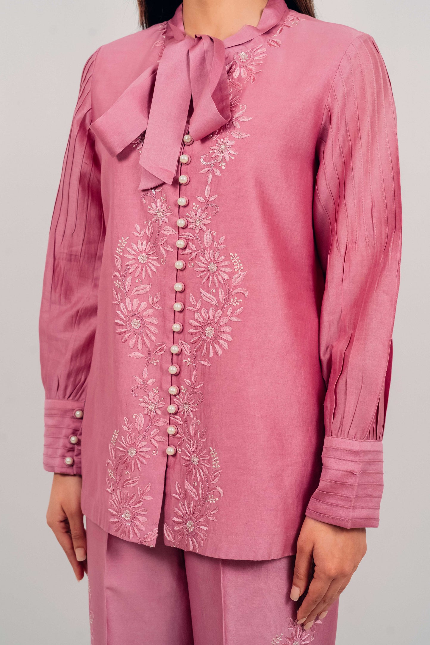 Purple Mauve Chanderi Silk Pearl Button Shirt