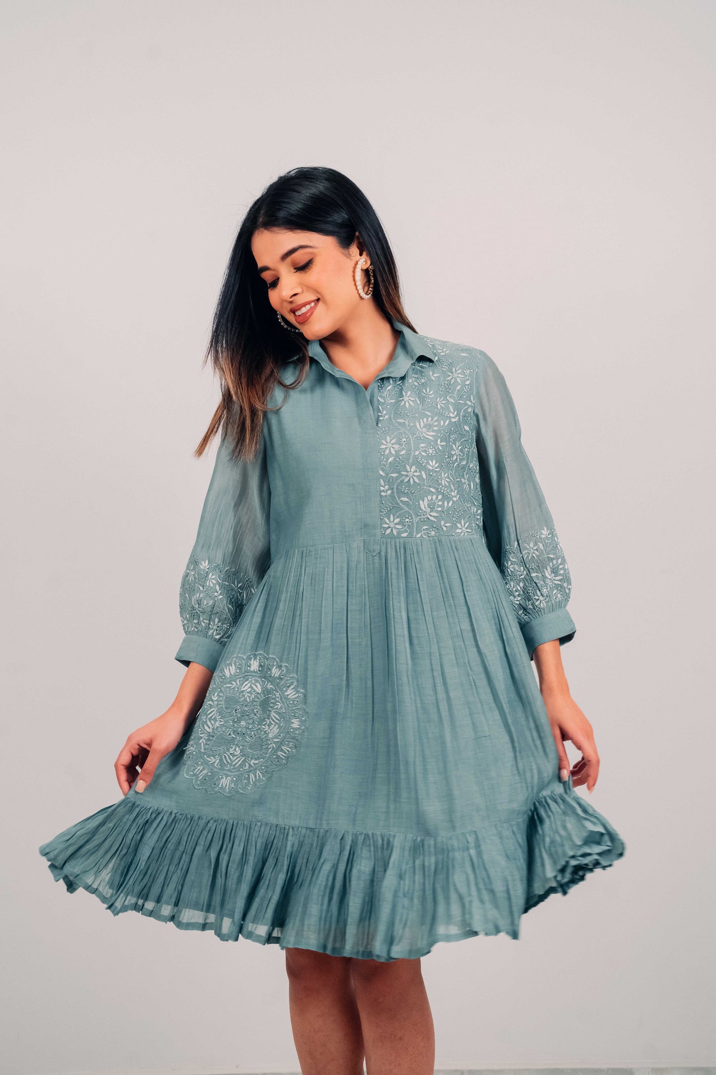 Teal Mul Chanderi Short Tier Dress