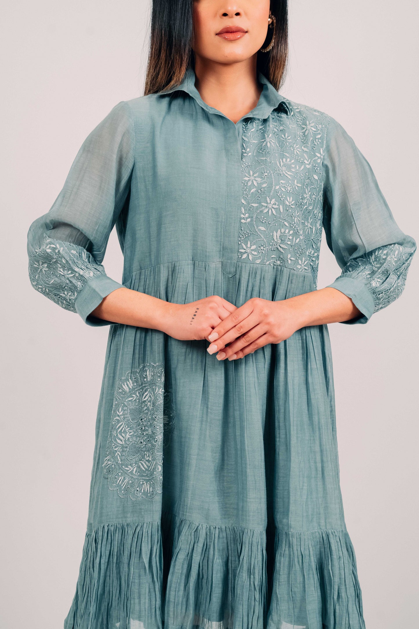 Teal Mul Chanderi Short Tier Dress