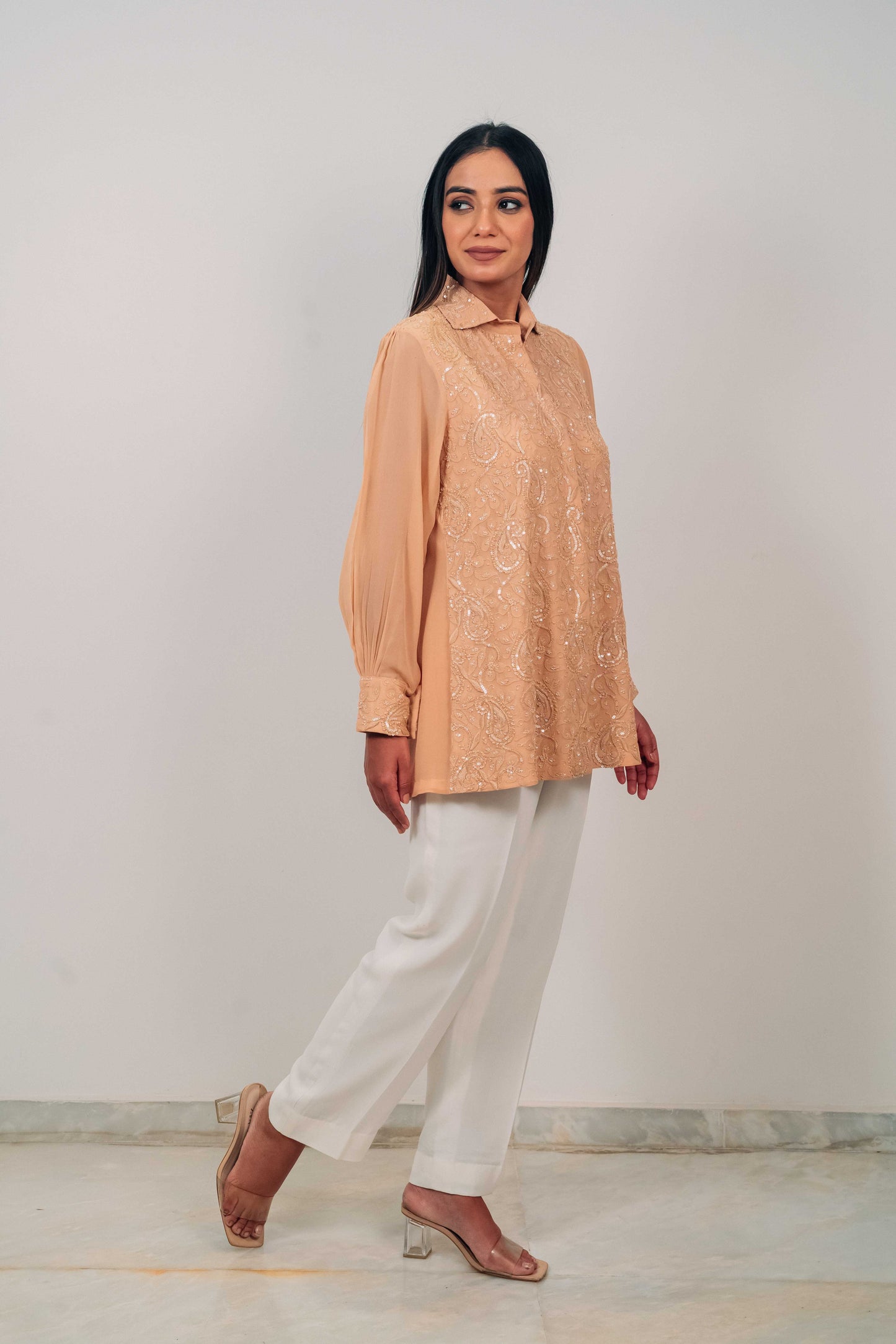 Light Brown Pure Georgette Highlighted Chikankari Shirt