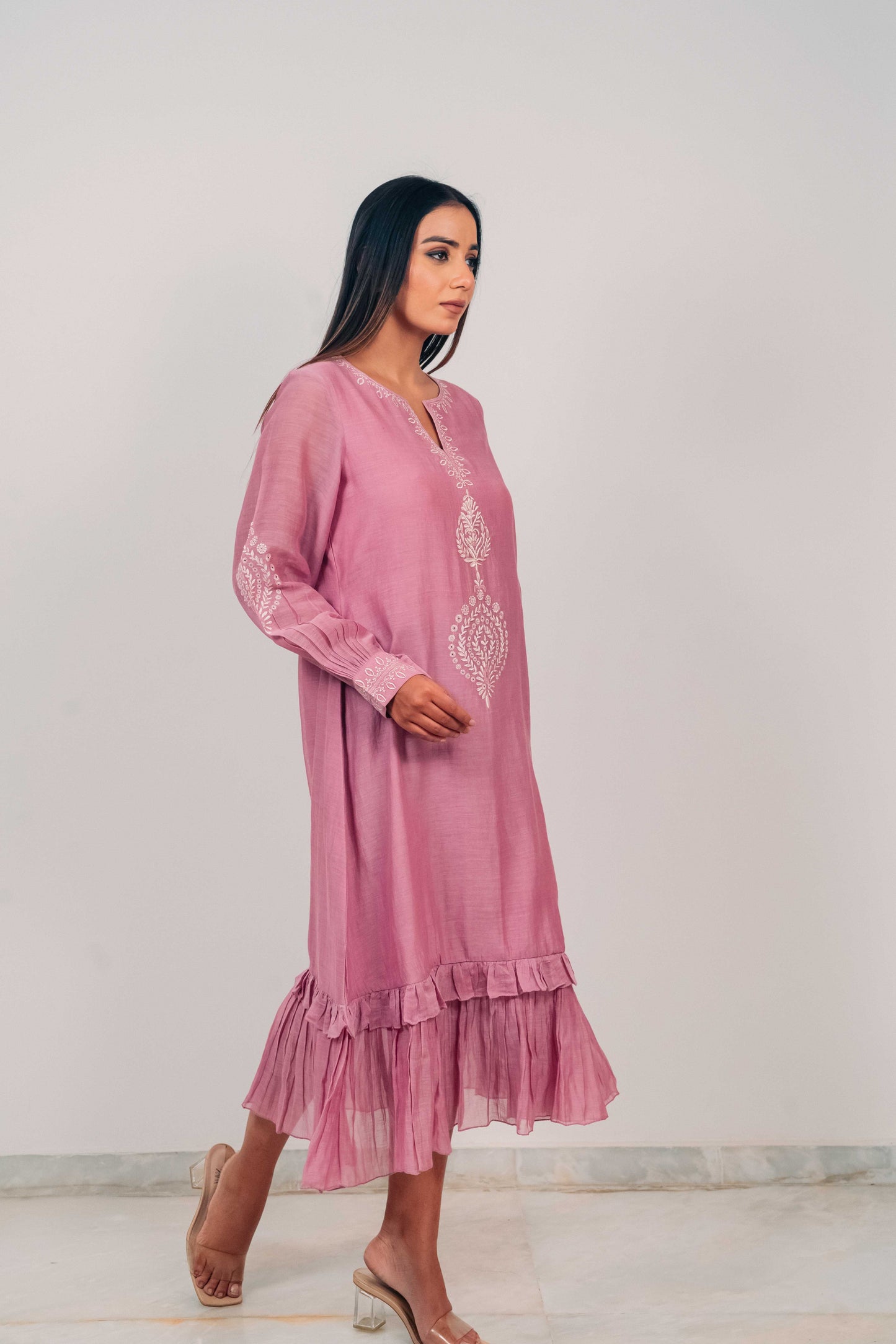 Mauve Purple Mul Chanderi Double Frill Long Dress