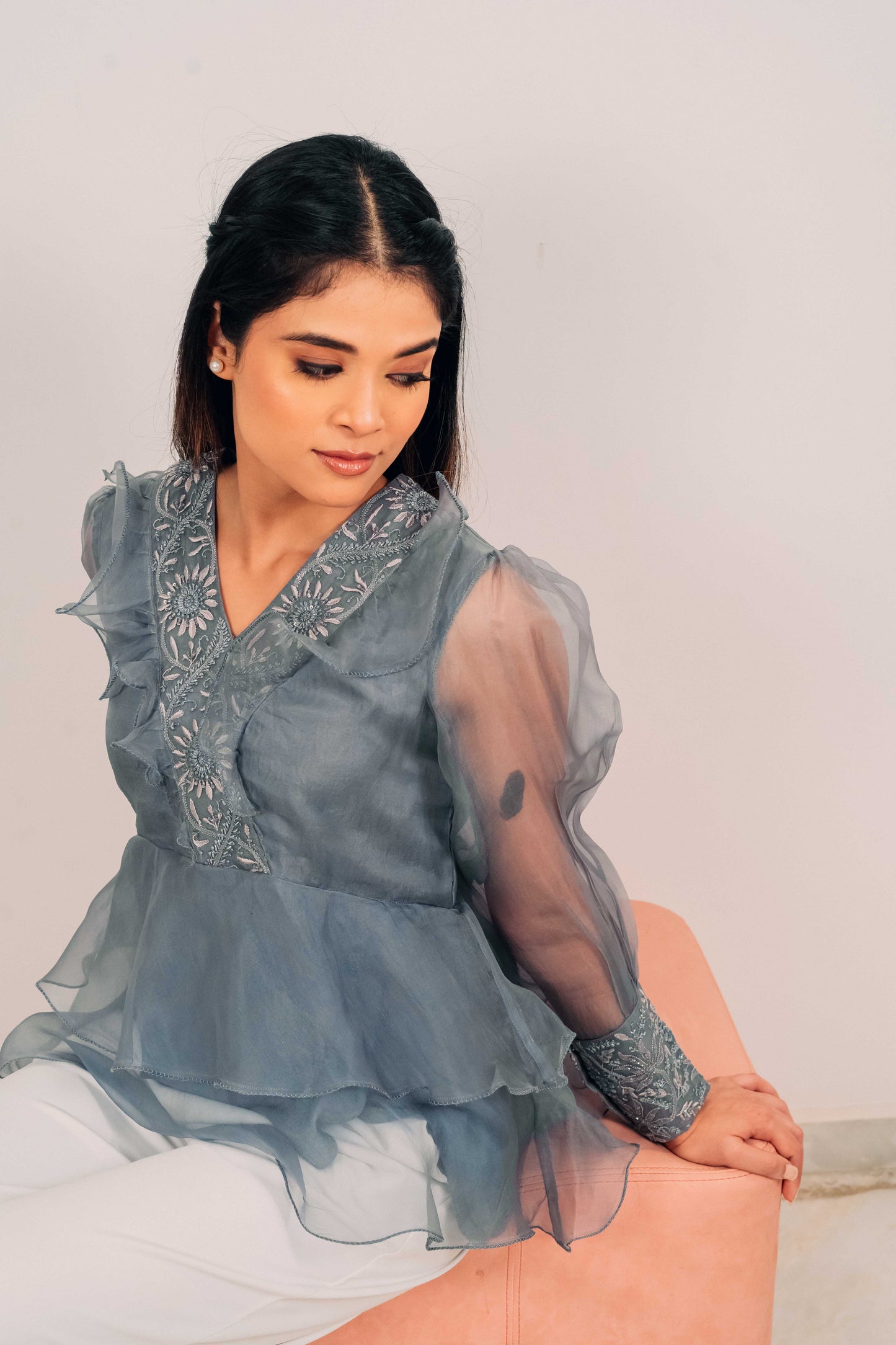 Slate Grey Organza Chikankari Peplum Top