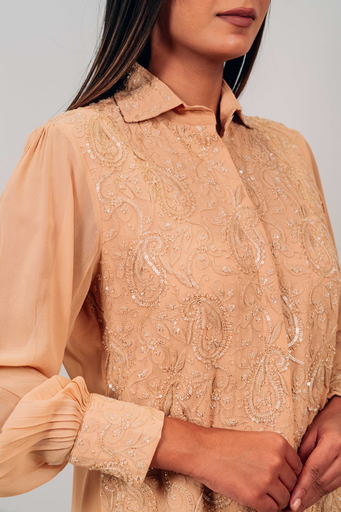 Light Brown Pure Georgette Highlighted Chikankari Shirt