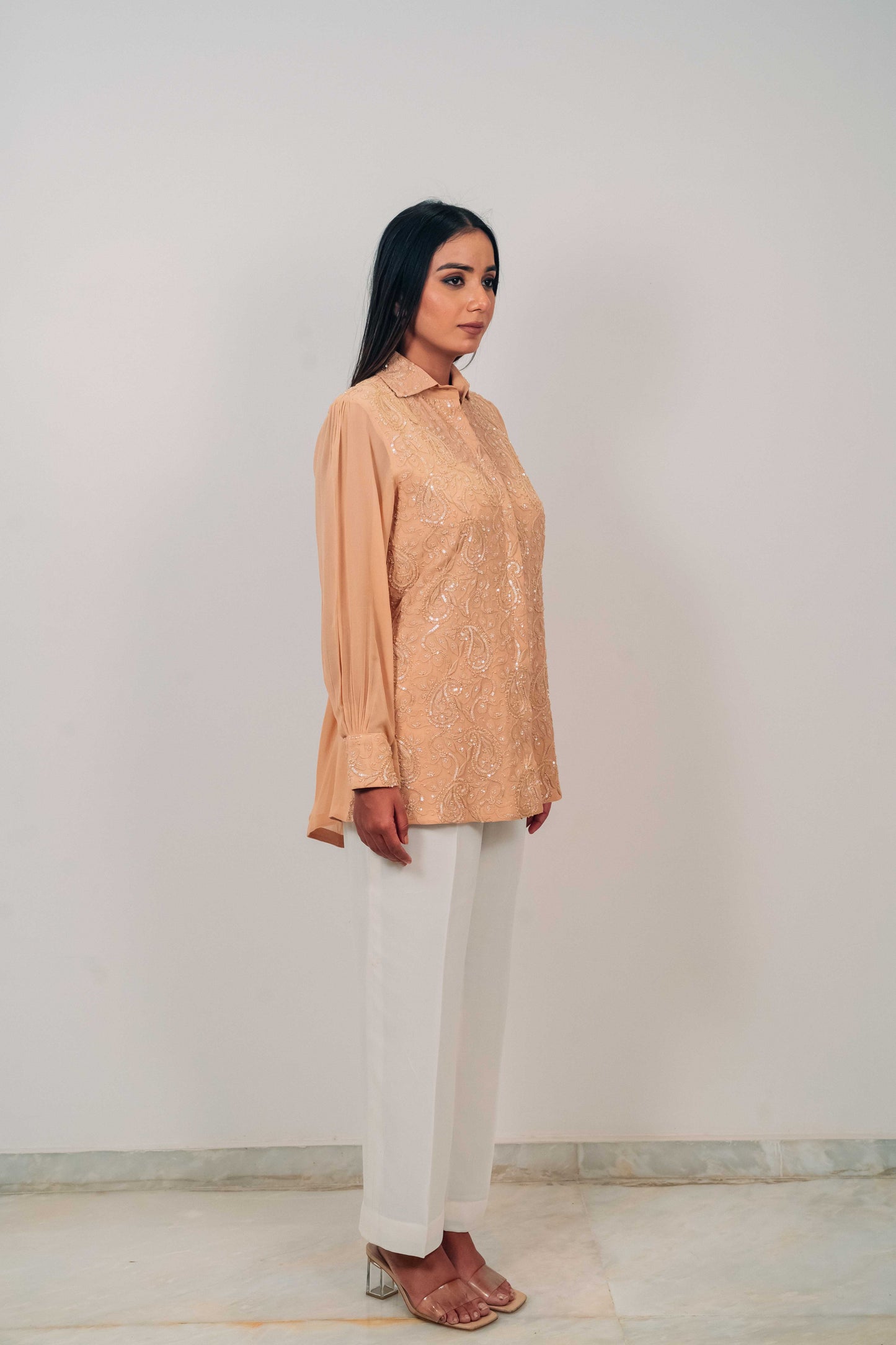 Light Brown Pure Georgette Highlighted Chikankari Shirt