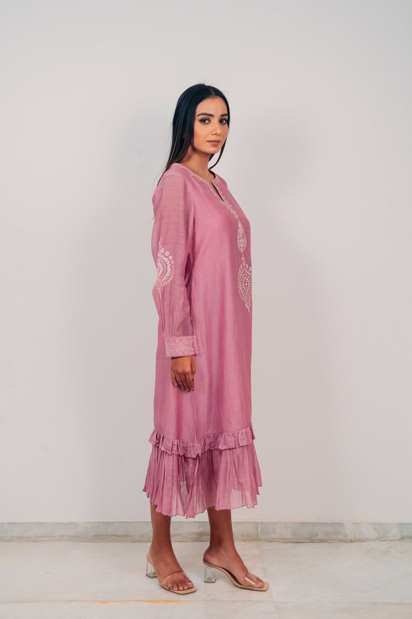 Mauve Purple Mul Chanderi Double Frill Long Dress