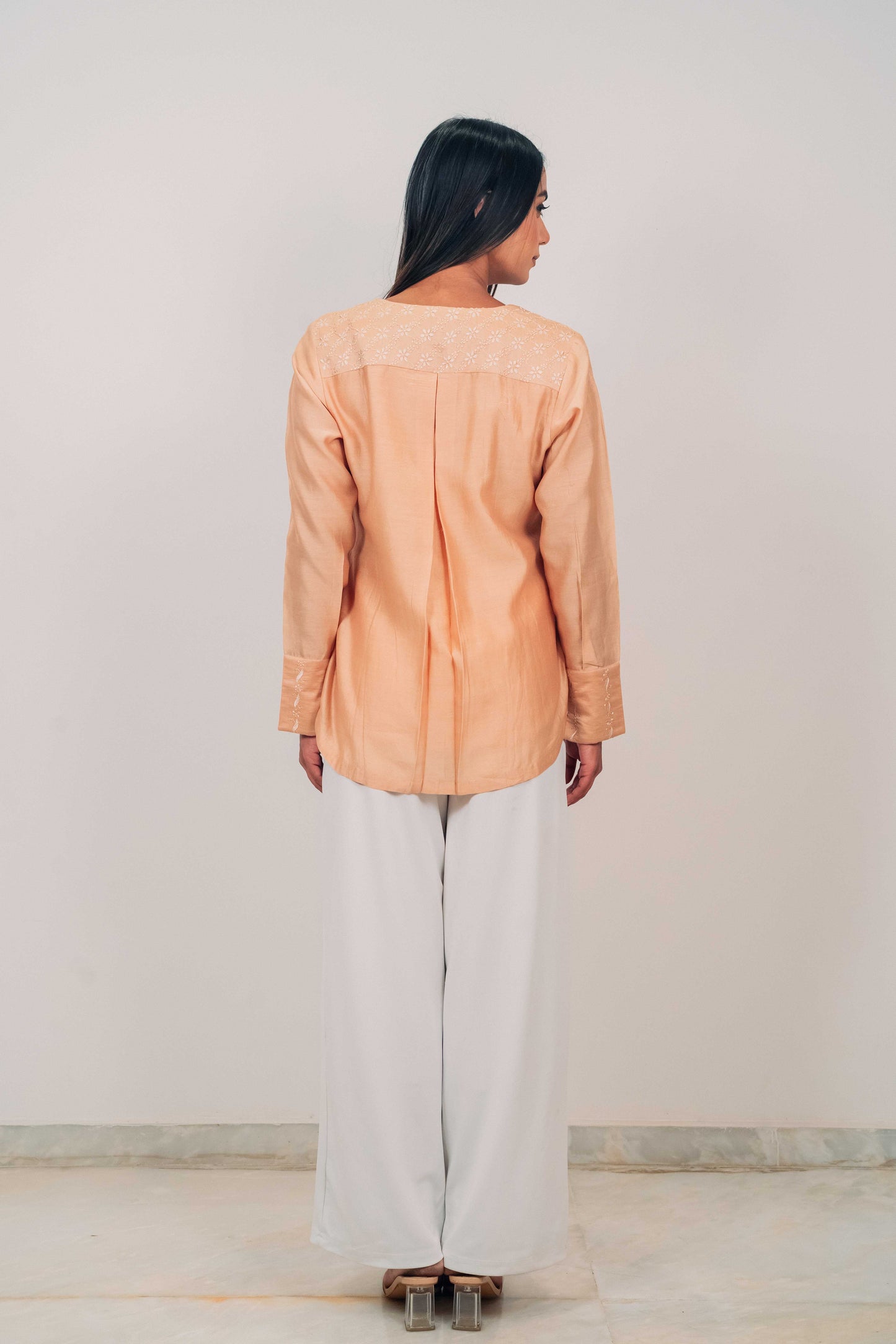 Light Brown Chanderi Silk U-Shaped Hem Top