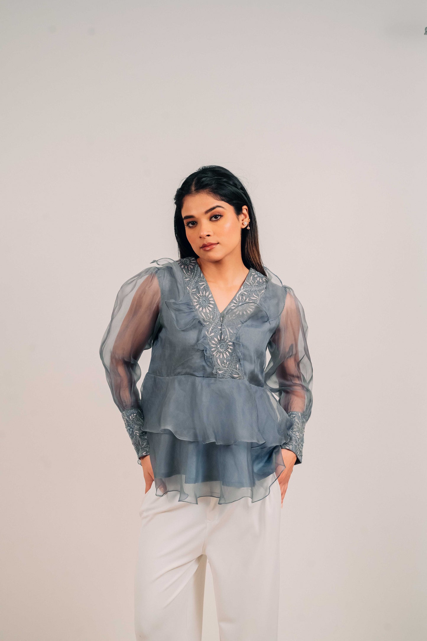 Slate Grey Organza Chikankari Peplum Top