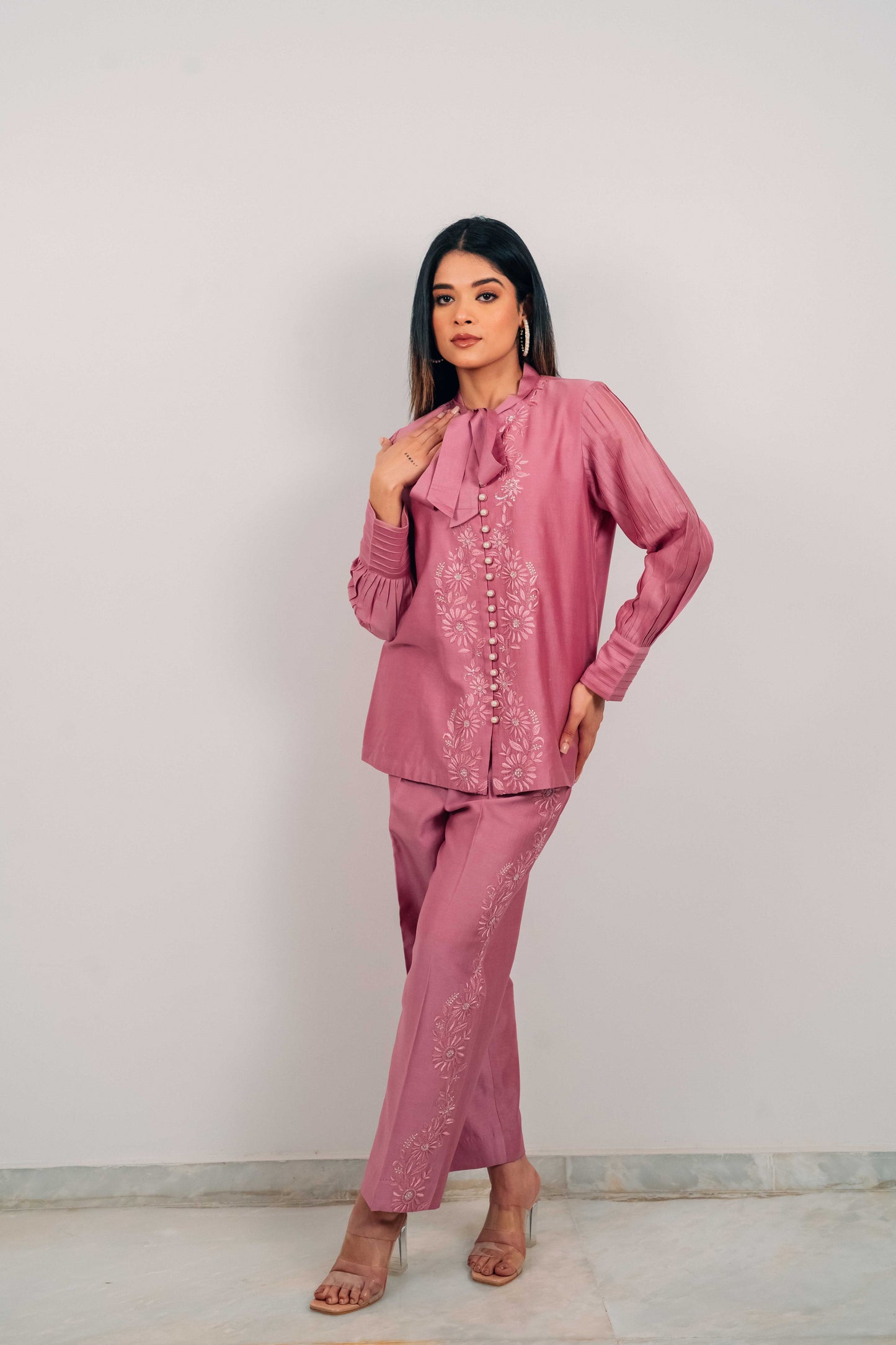 Purple Mauve Chanderi Silk Pearl Button Co-Ord Set