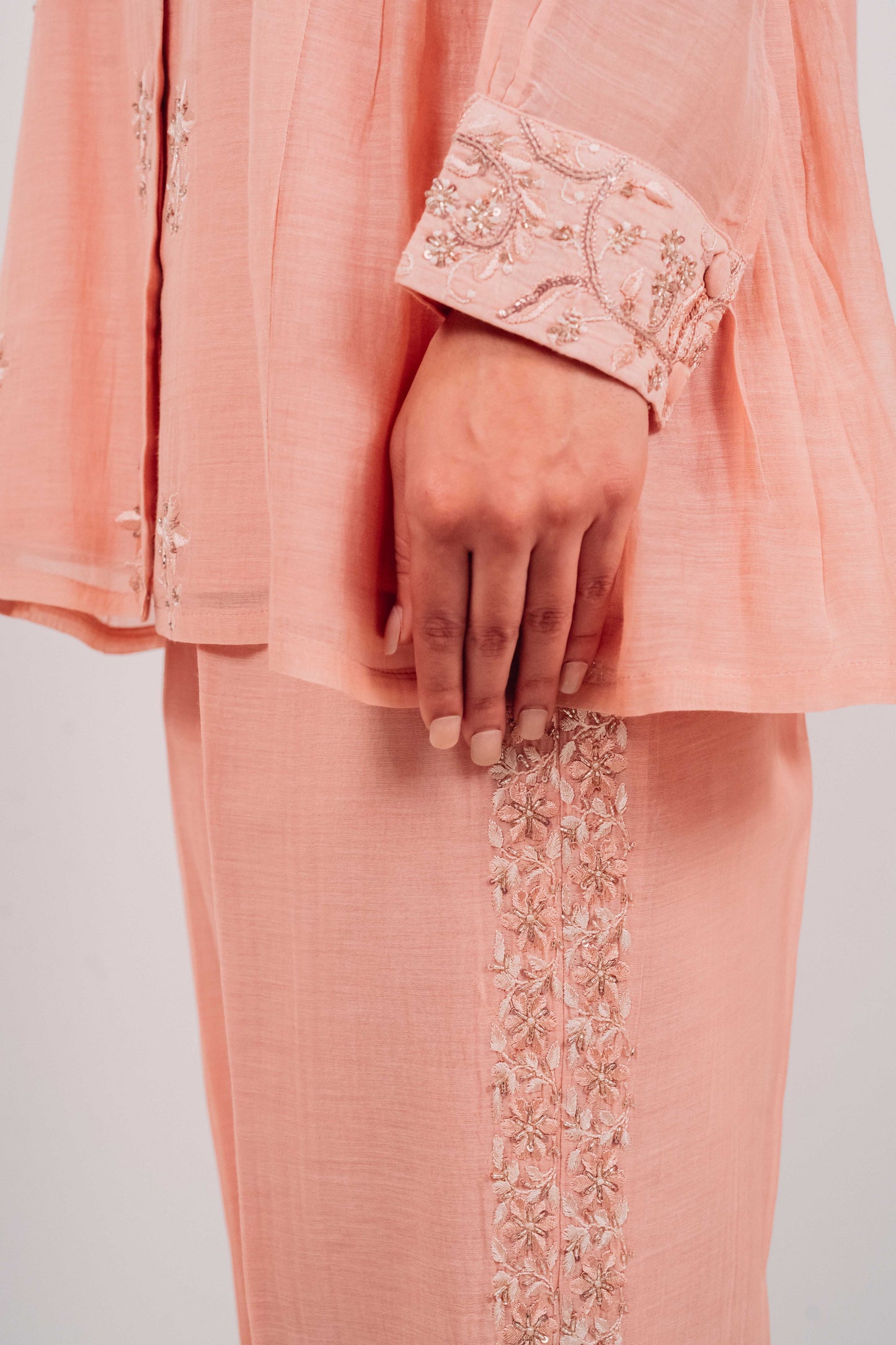 Peach Mul Chanderi Gather Detail Co-Ord Set