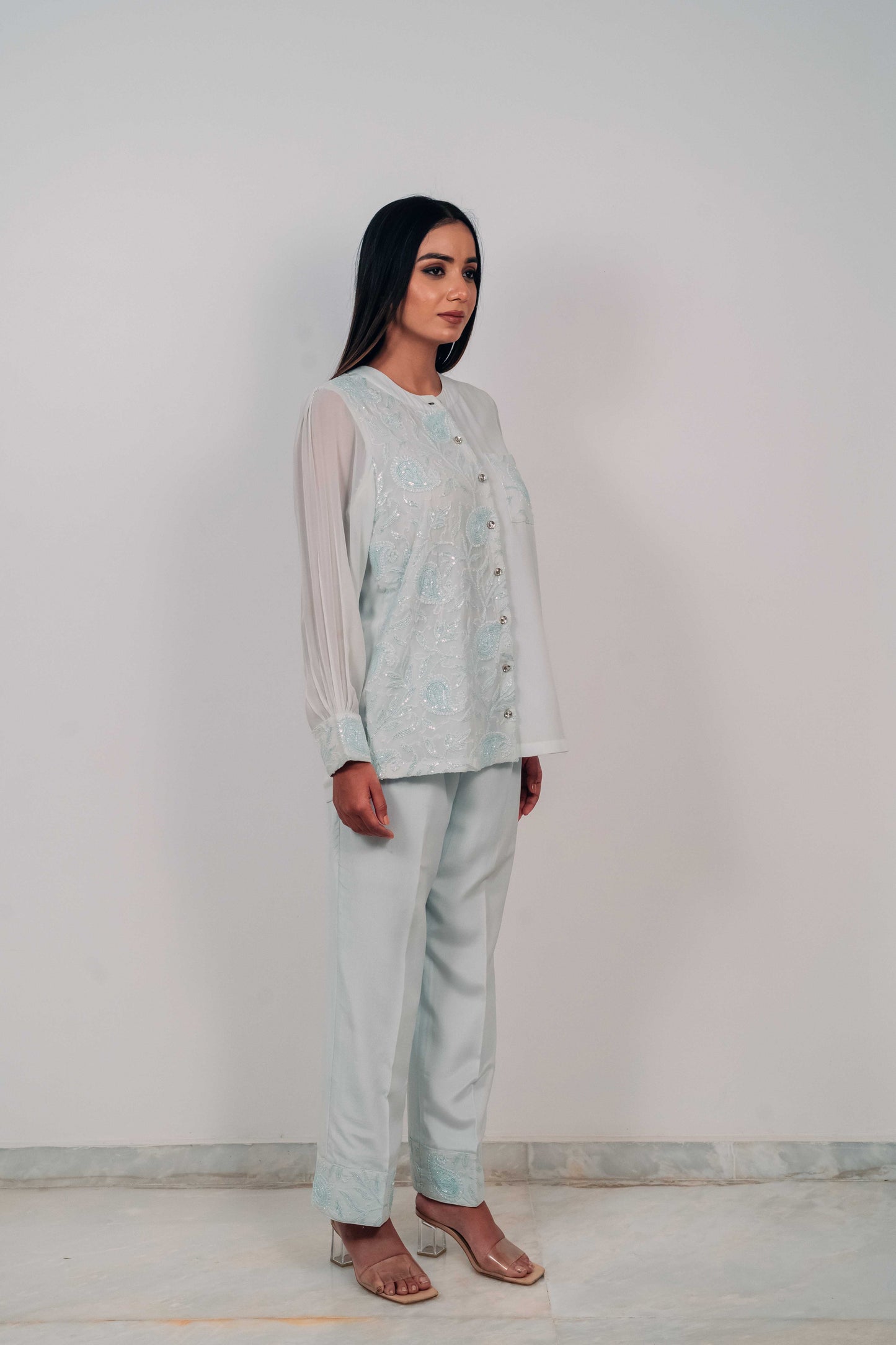 Light Blue Highlighted Pure Georgette Co-Ord Set