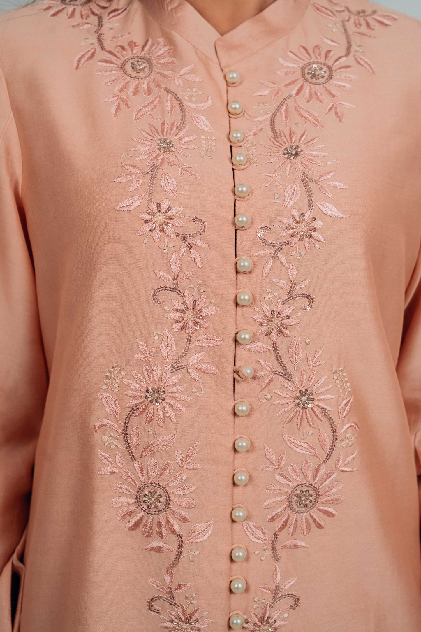 Peach Chanderi Silk Pearl Button Co-Ord Set