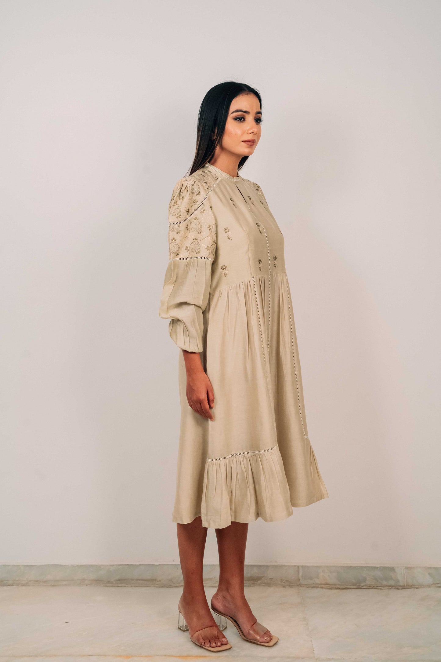 Light Olive Chanderi Jaali Dress