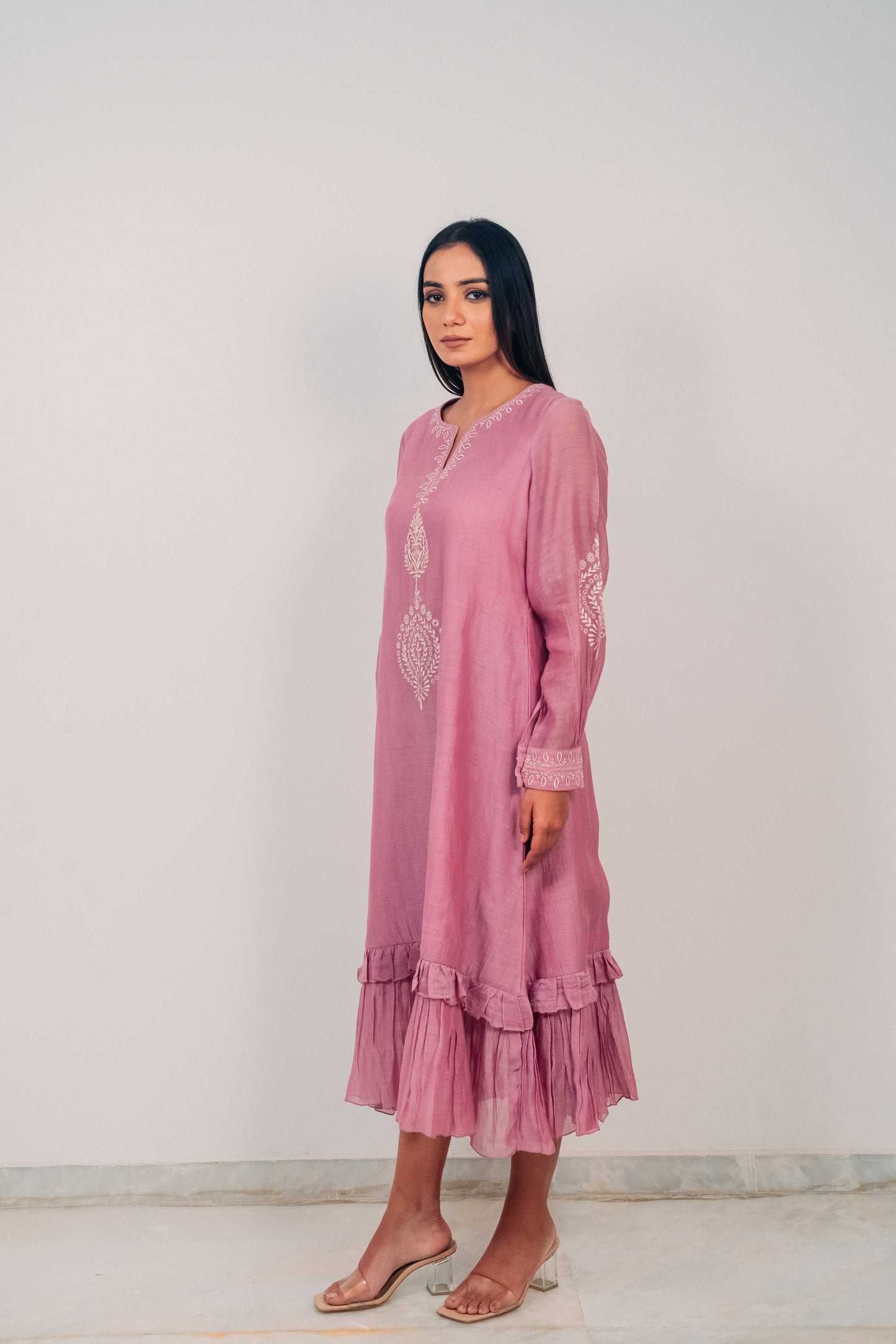 Mauve Purple Mul Chanderi Double Frill Long Dress