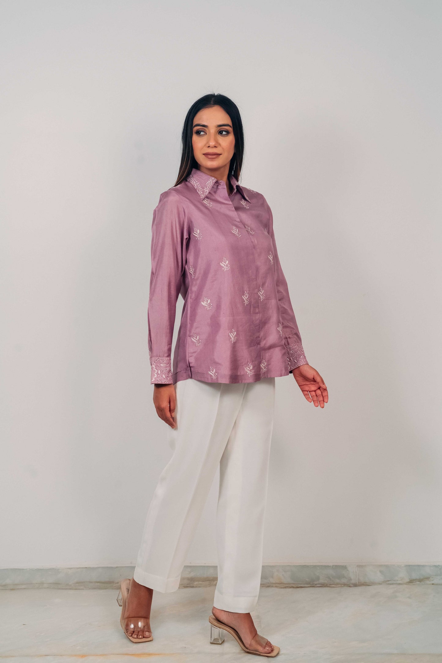 Lilac Pure Silk Highlighted Chikankari Shirt