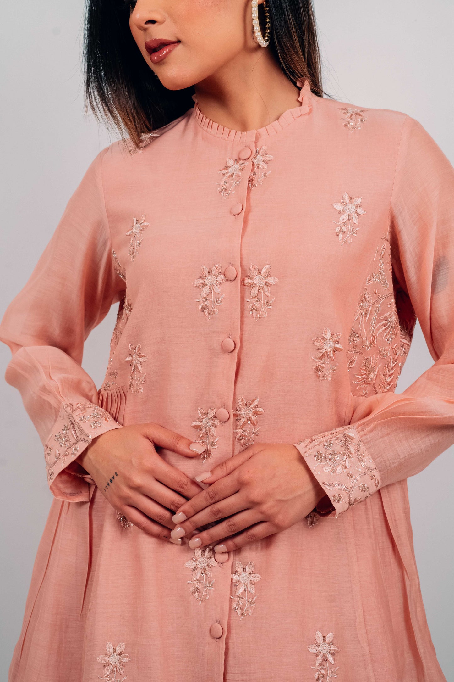 Peach Mul Chanderi Gather Detail Co-Ord Set