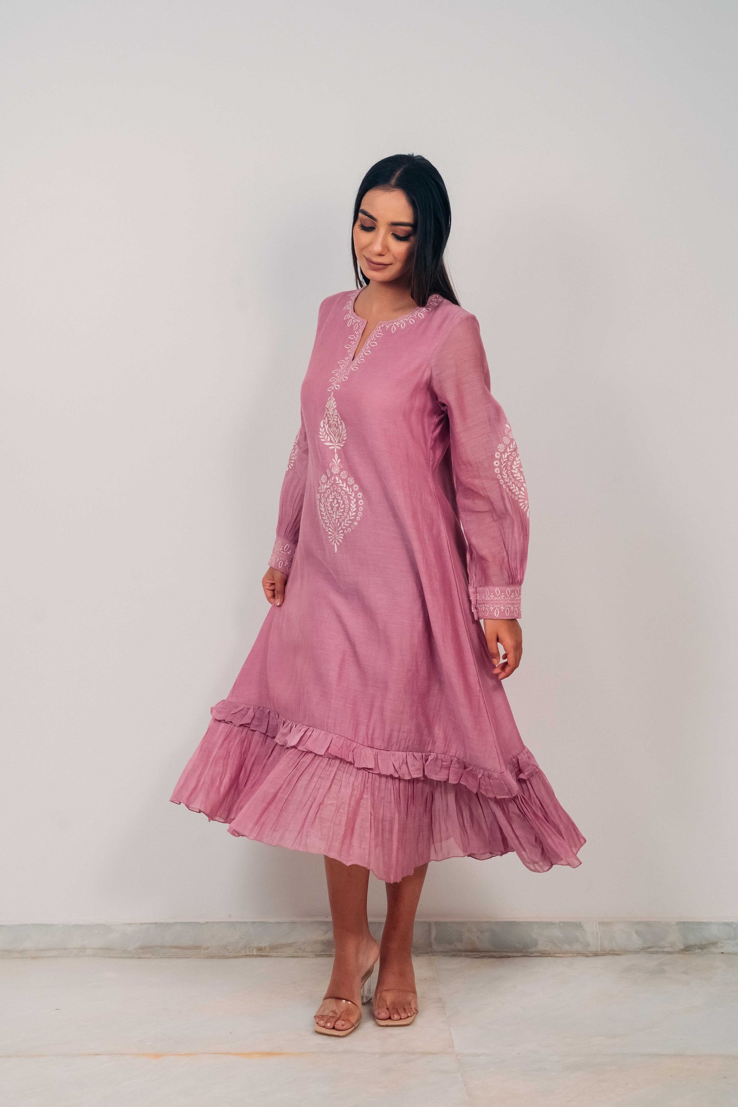 Mauve Purple Mul Chanderi Double Frill Long Dress