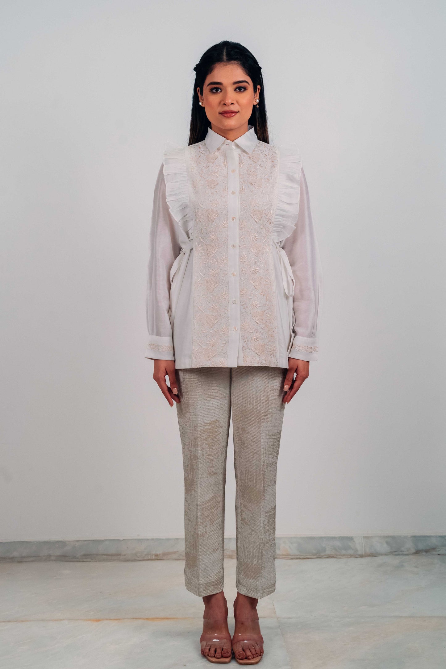 White Chanderi Silk Tie-Up Shirt