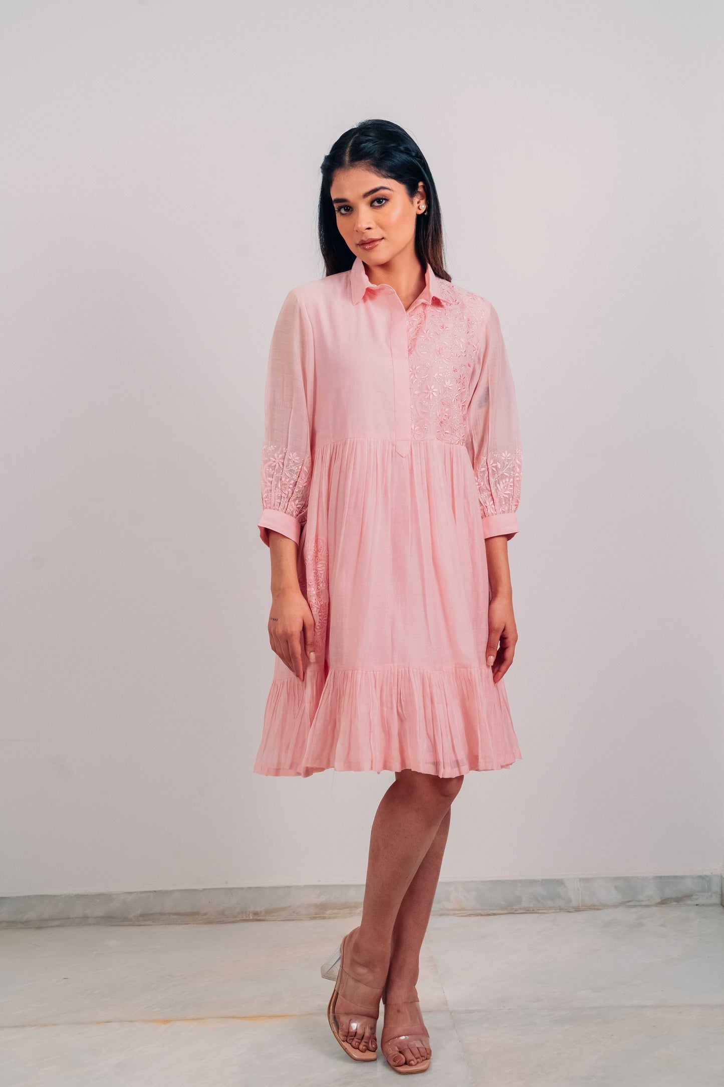 Baby Pink Mul Chanderi Short Tier Dress