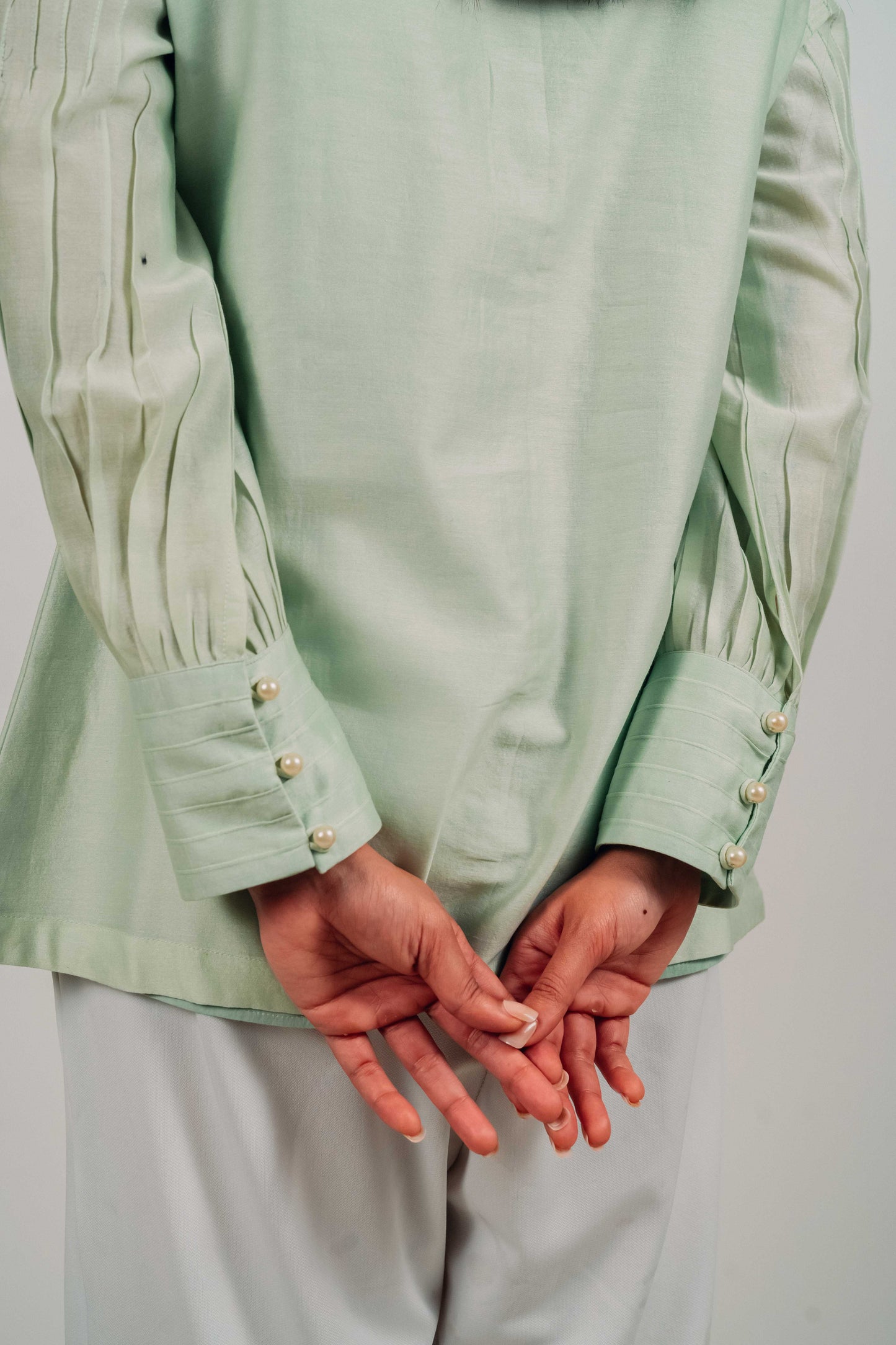 Pistachio Green Chanderi Silk Pearl Button Shirt