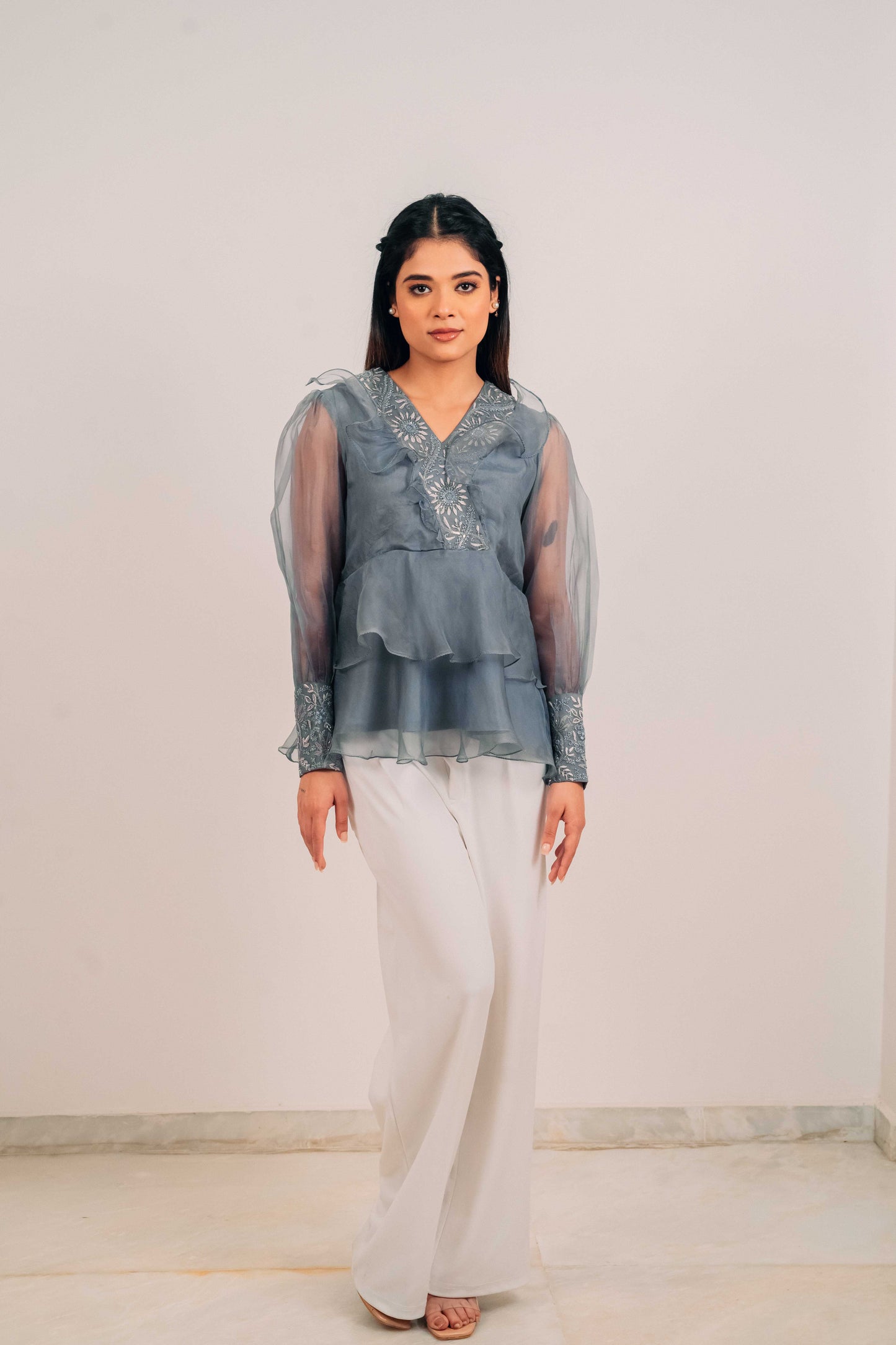 Slate Grey Organza Chikankari Peplum Top