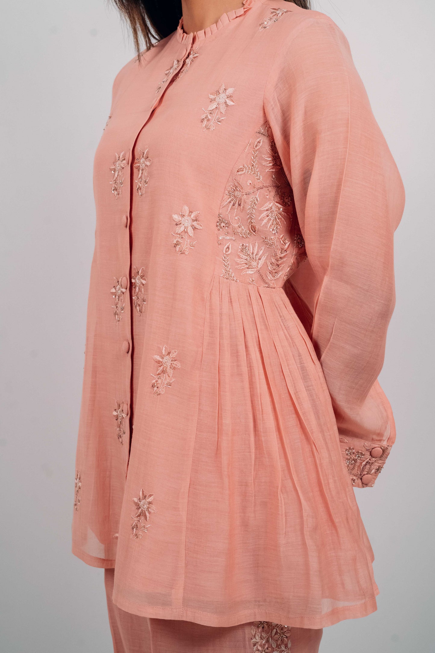 Peach Mul Chanderi Gather Detail Co-Ord Set