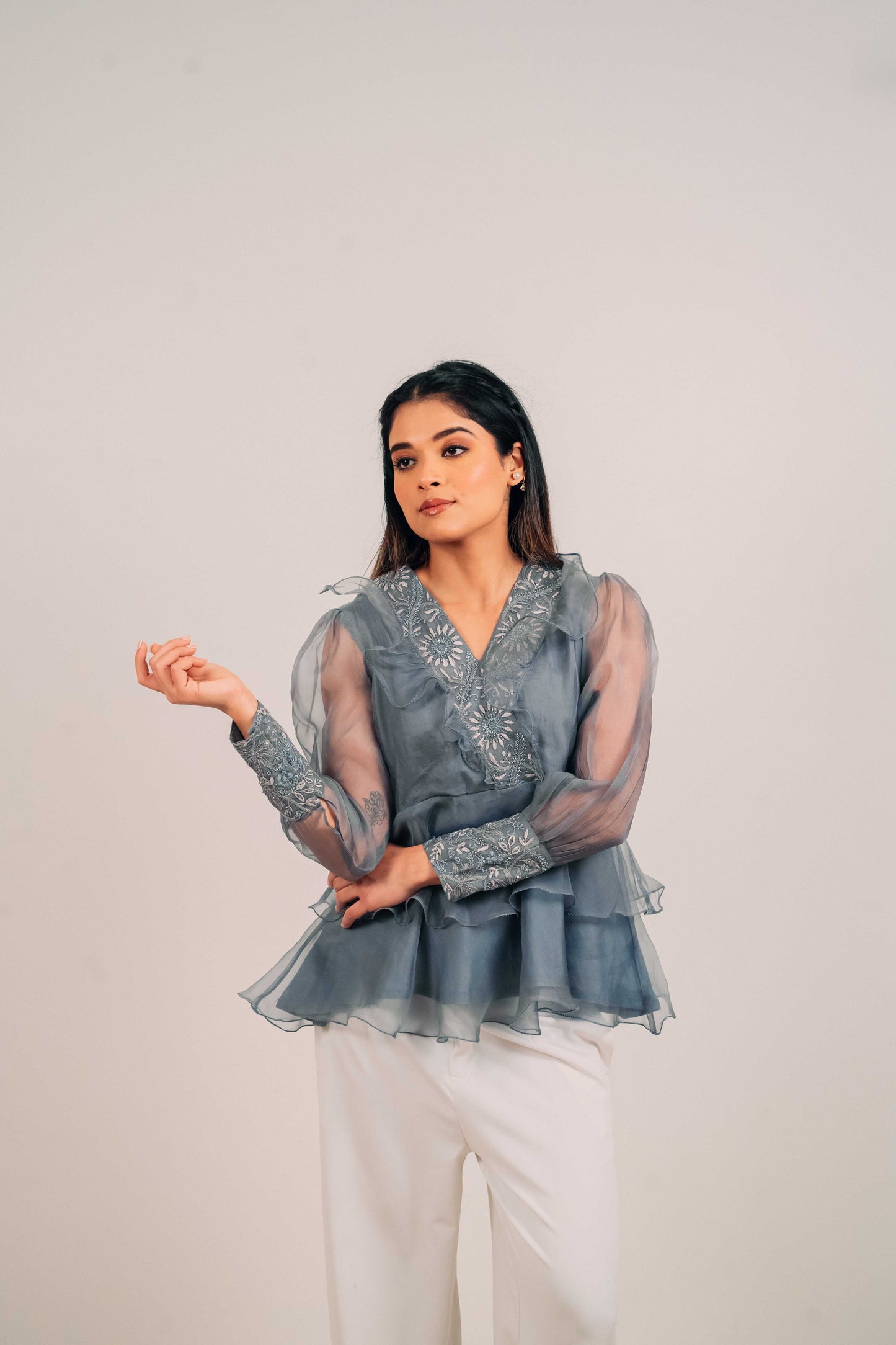 Slate Grey Organza Chikankari Peplum Top