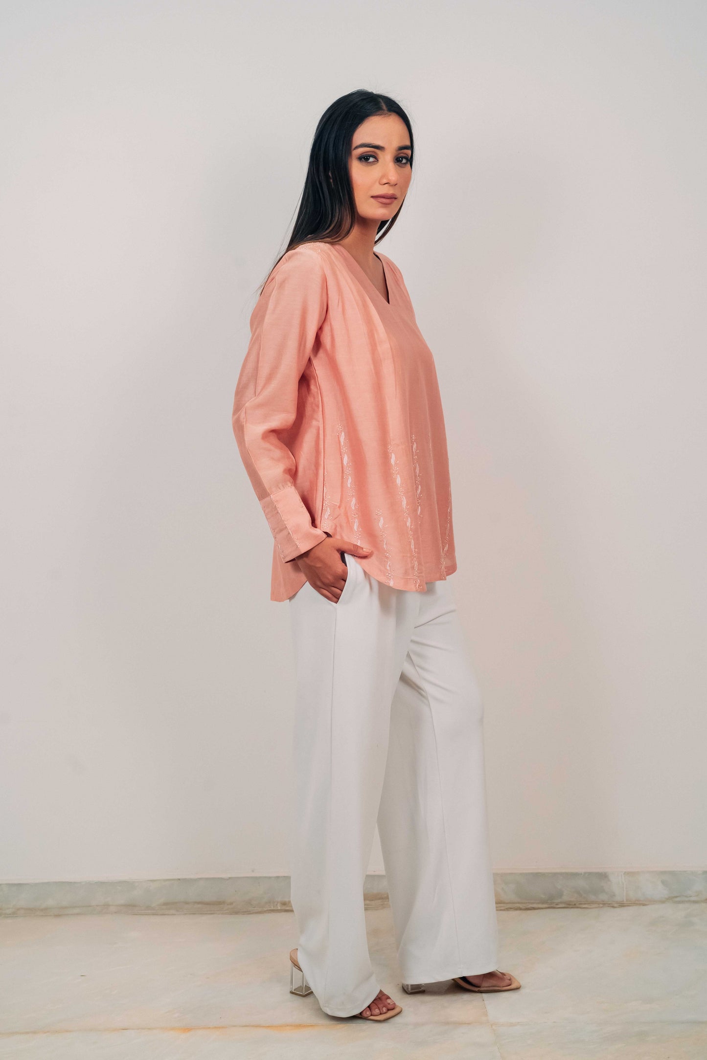 Peach Chanderi Silk U-Shaped Hem Top