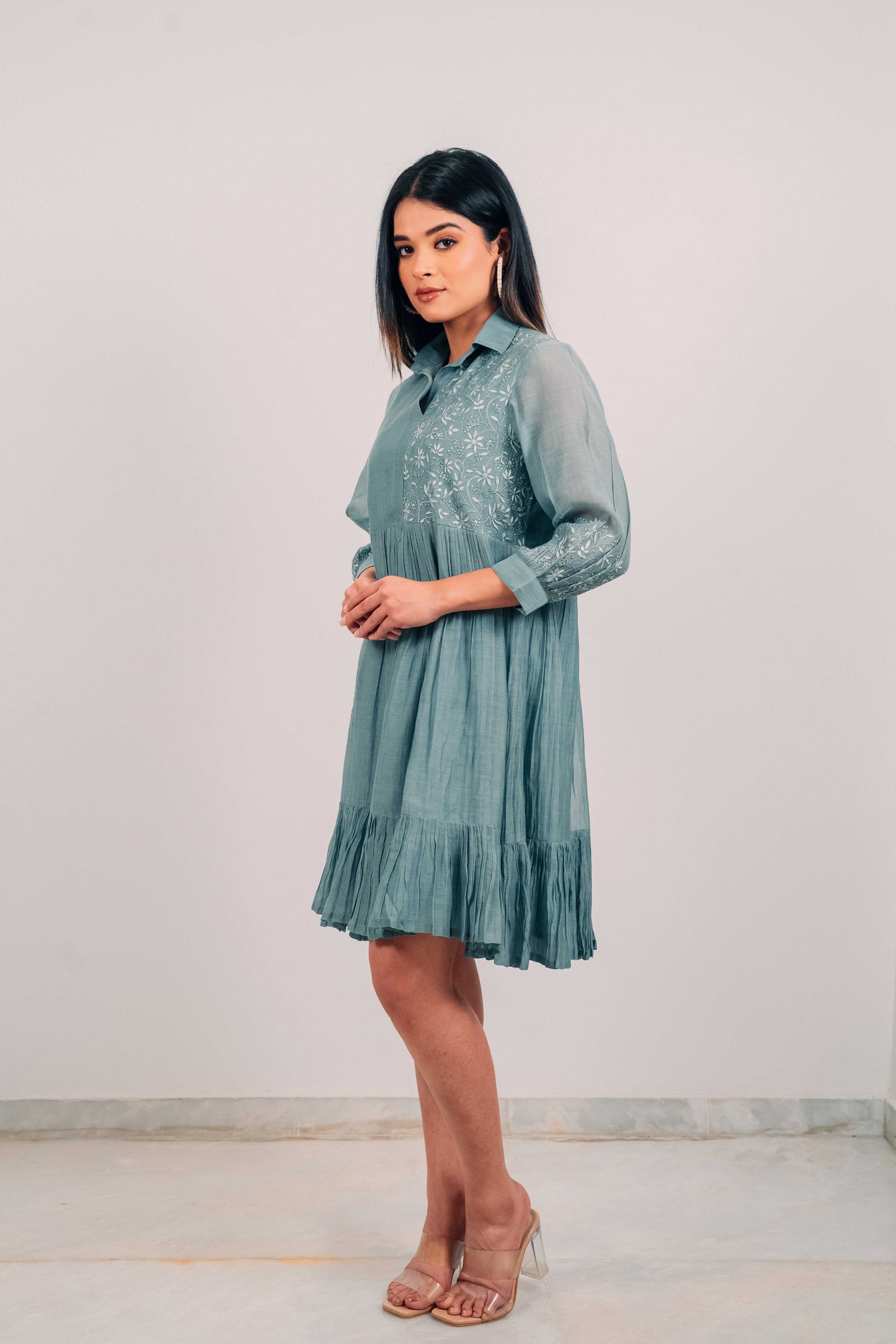 Teal Mul Chanderi Short Tier Dress