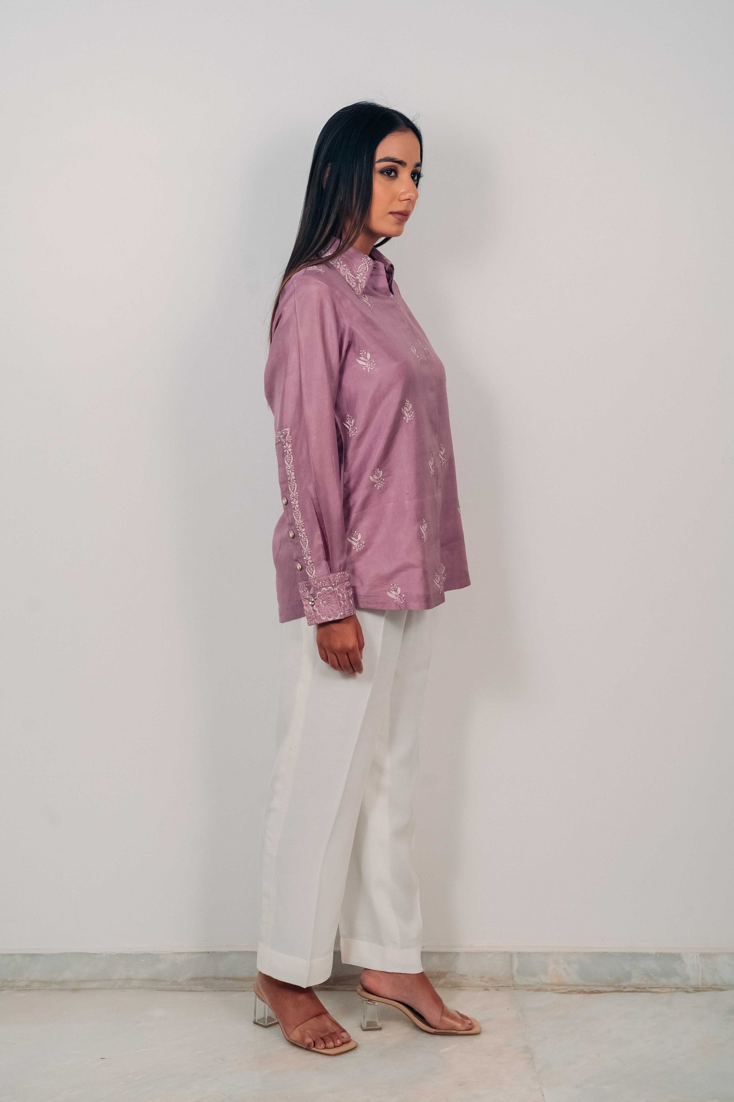 Lilac Pure Silk Highlighted Chikankari Shirt