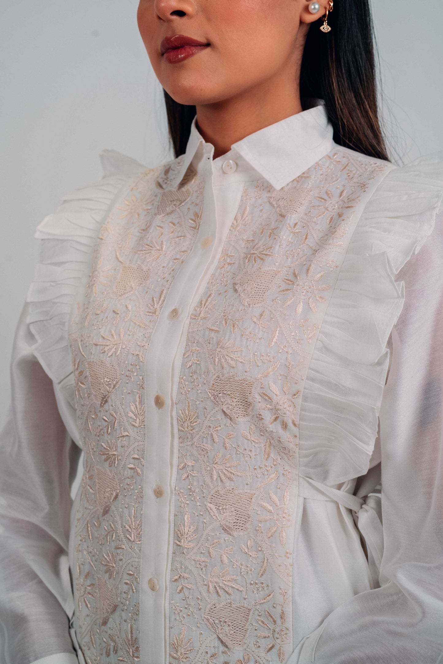 White Chanderi Silk Tie-Up Shirt