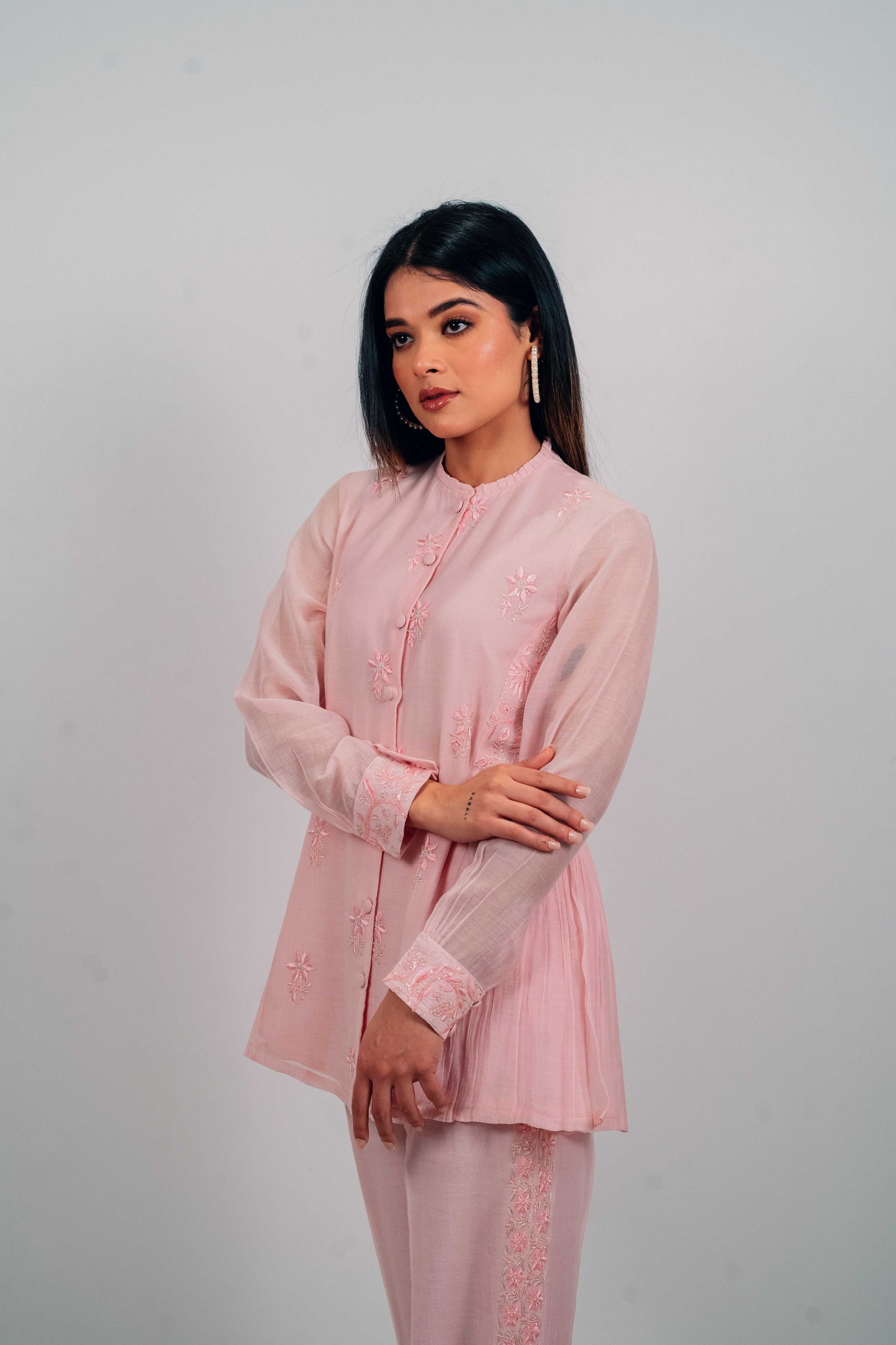 Baby Pink Mul Chanderi Gather Detail Co-Ord Set