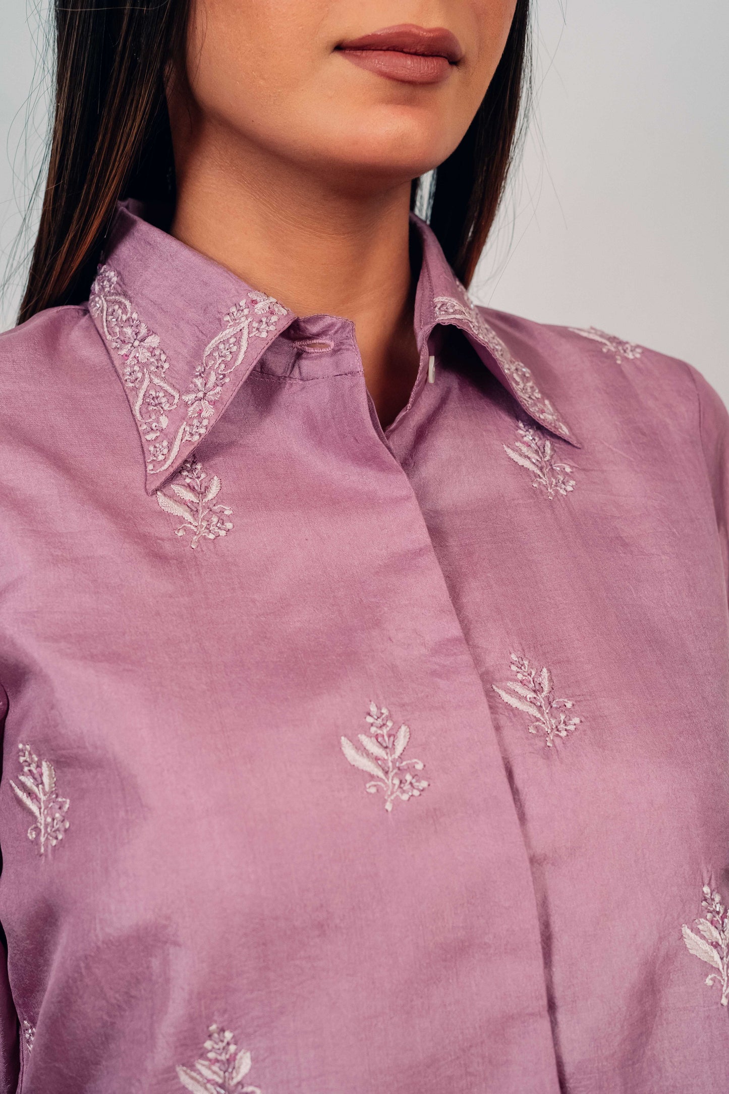 Lilac Pure Silk Highlighted Chikankari Shirt