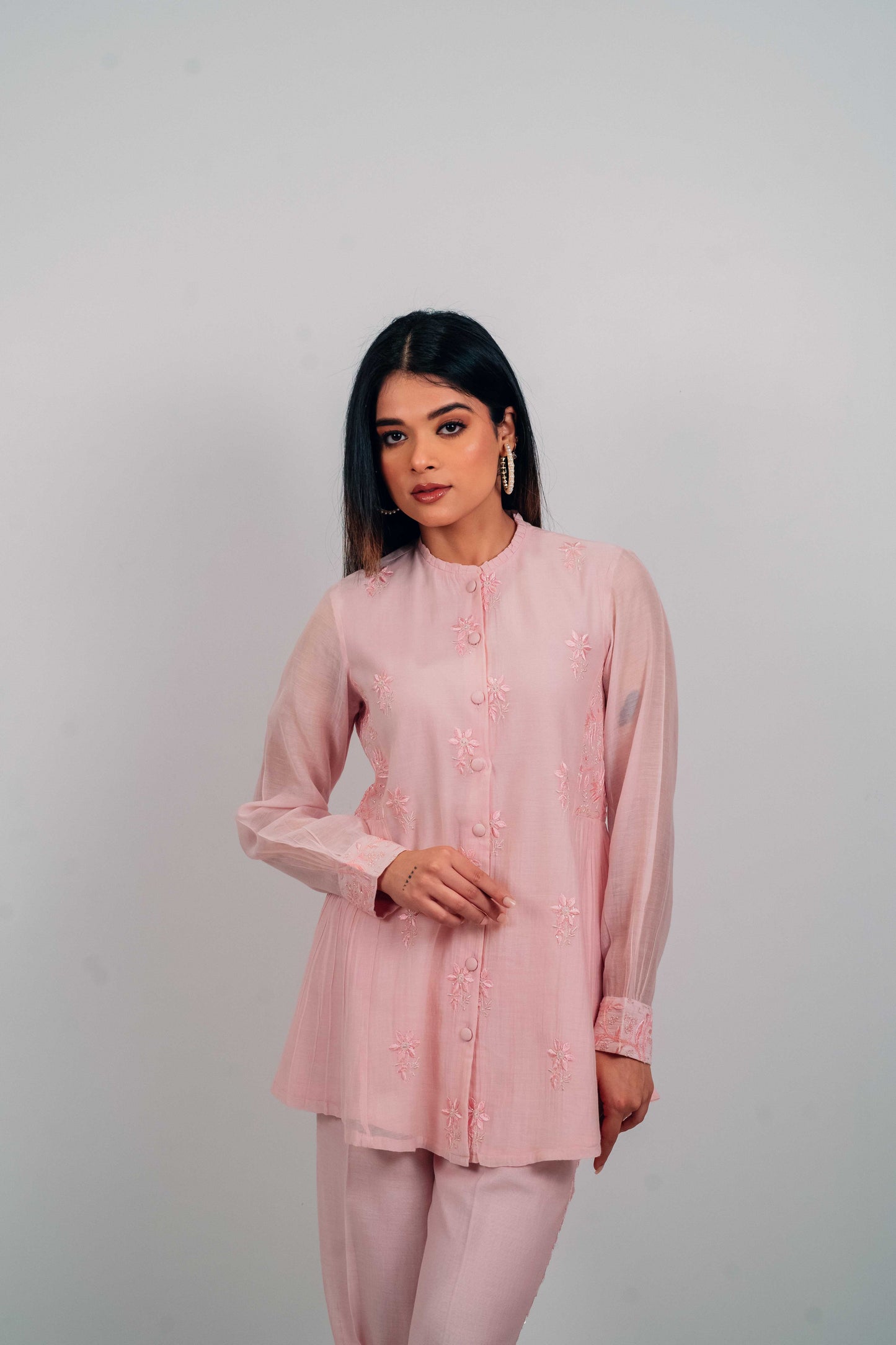 Baby Pink Mul Chanderi Gather Detail Co-Ord Set