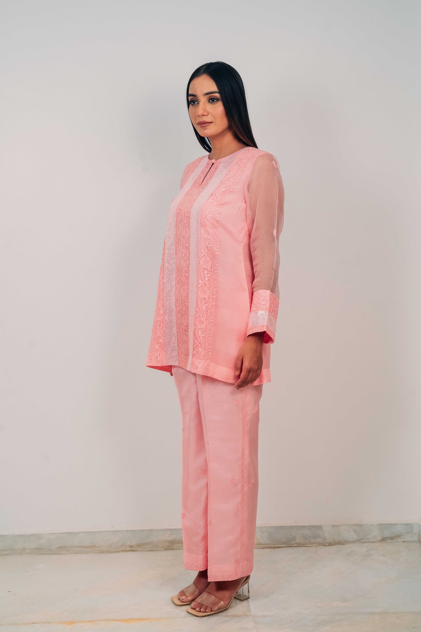 Pink Organza and Silk Chikankari Co-Ord Set