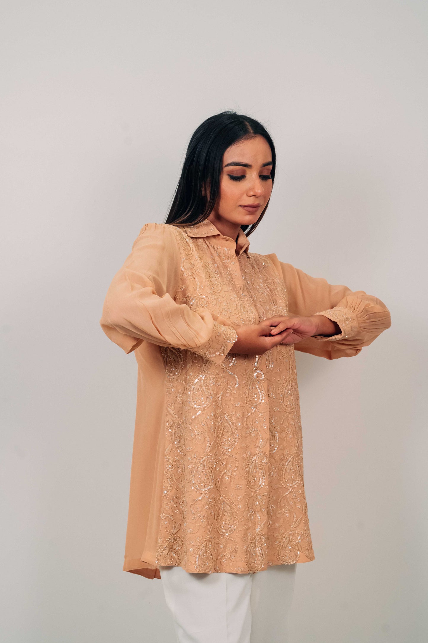 Light Brown Pure Georgette Highlighted Chikankari Shirt