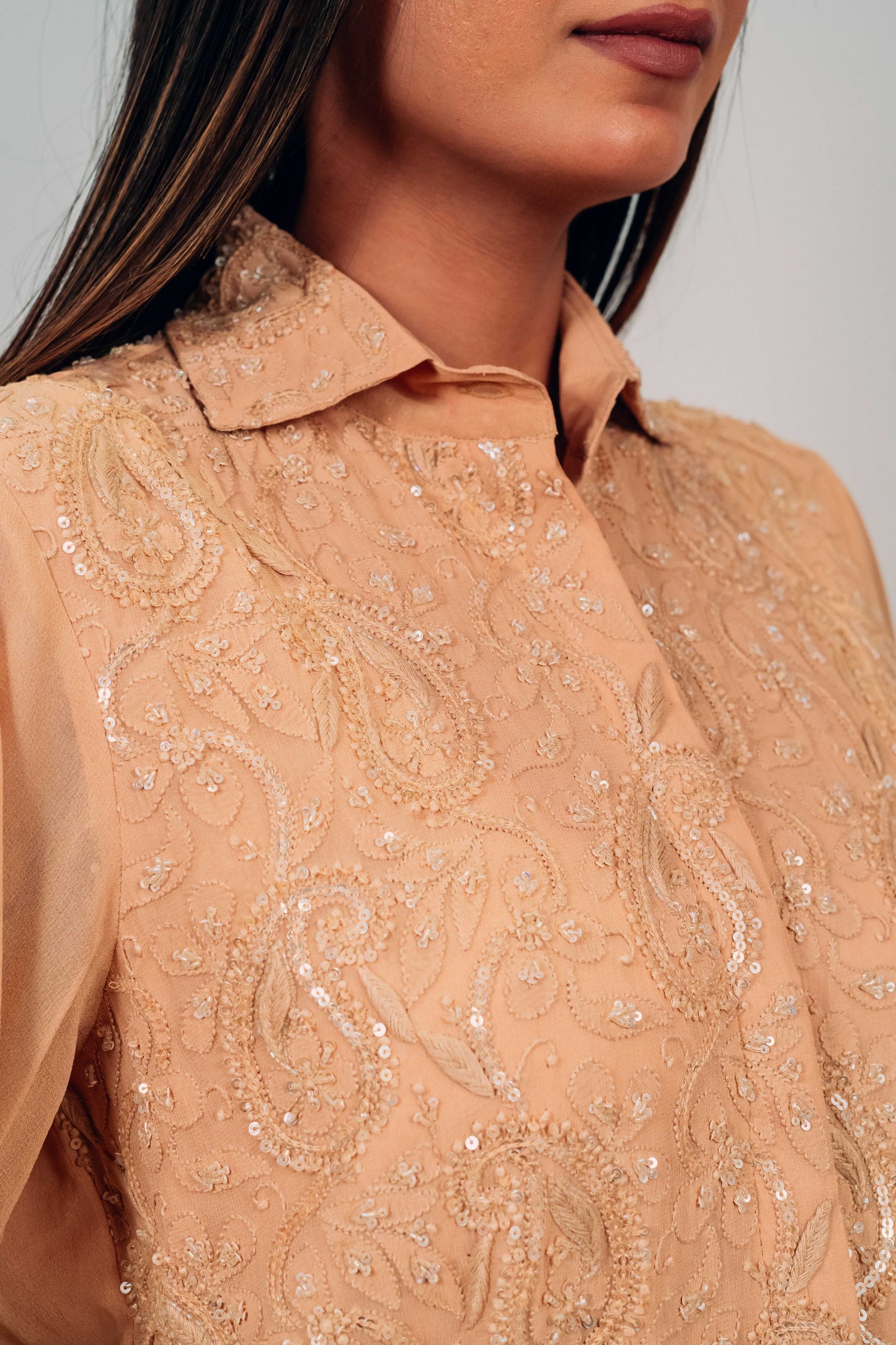 Light Brown Pure Georgette Highlighted Chikankari Shirt