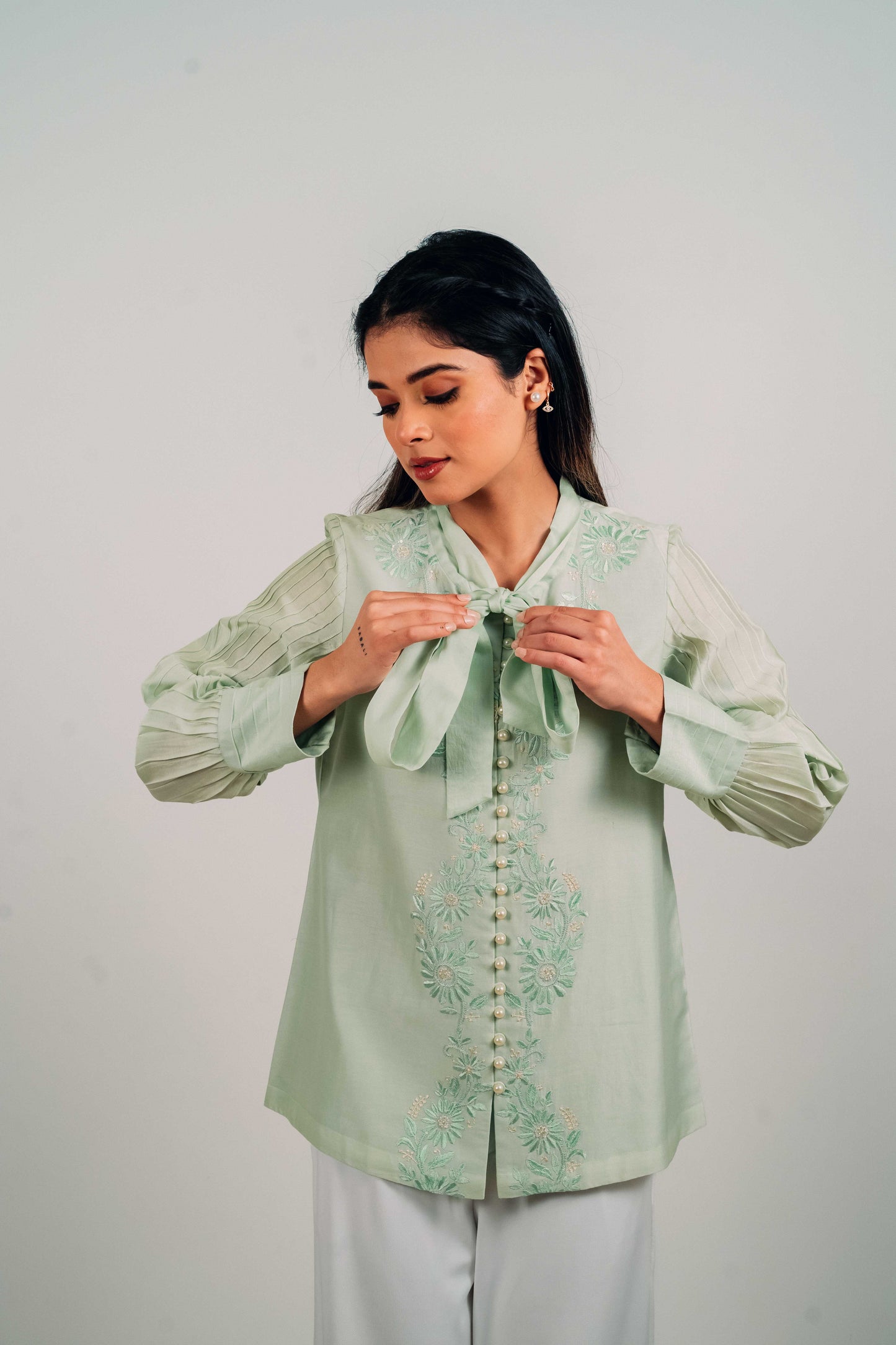 Pistachio Green Chanderi Silk Pearl Button Shirt