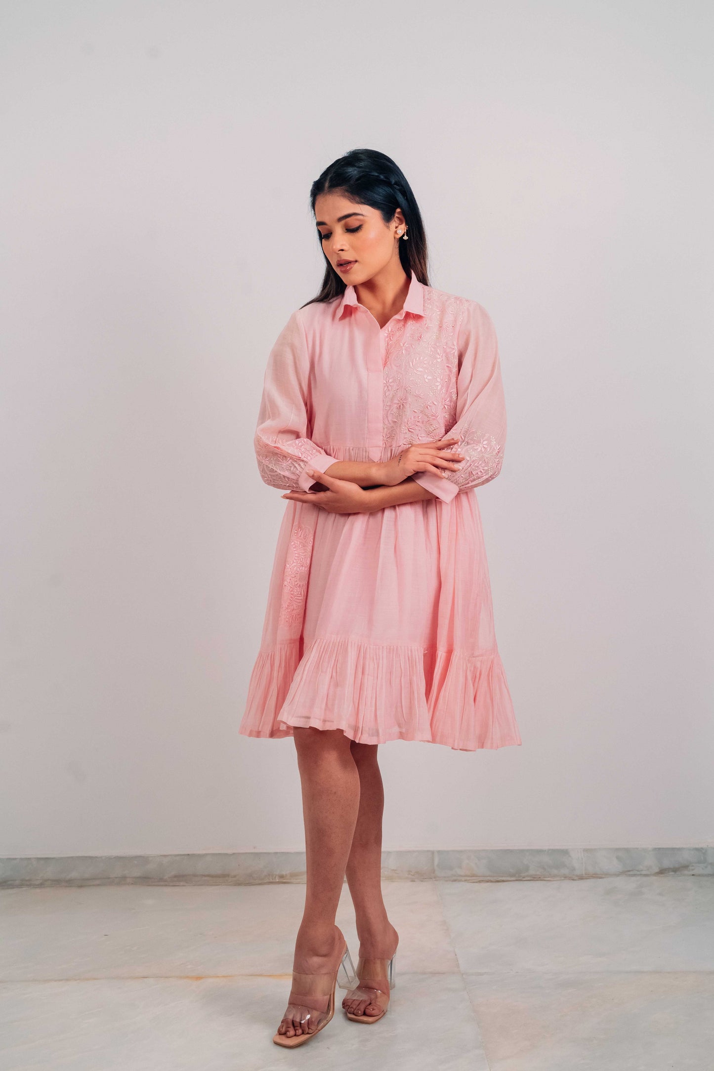 Baby Pink Mul Chanderi Short Tier Dress